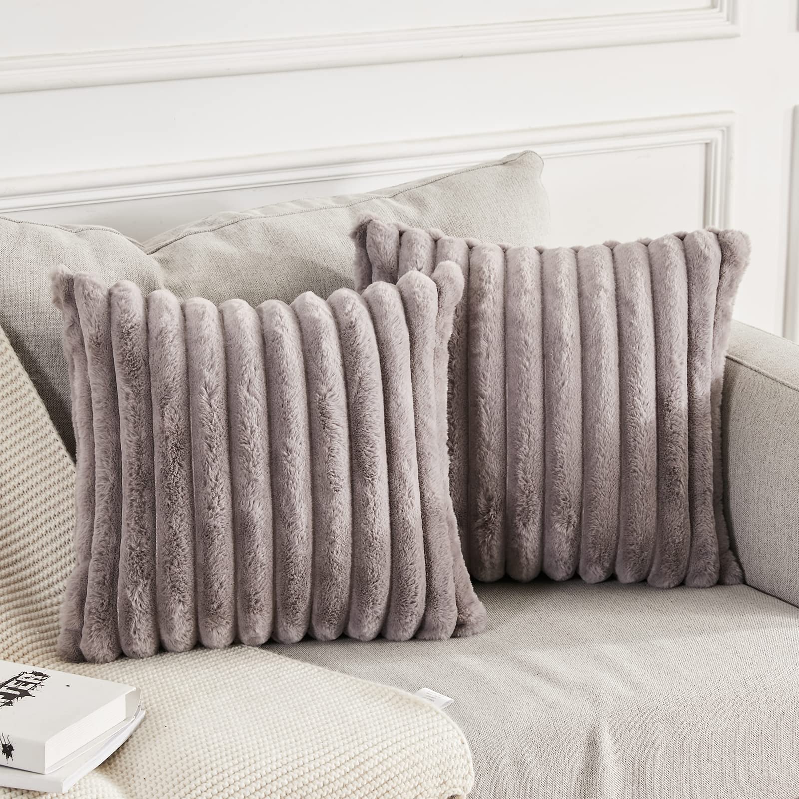 Joyouth Darkgrey Pack Of 2,Double-Sided Faux Fur Plush Decorative Throw Pillow Covers Fuzzy Striped Soft Pillowcase Cushion Covers For Sofa Couch Bedroom 20X20 Inch