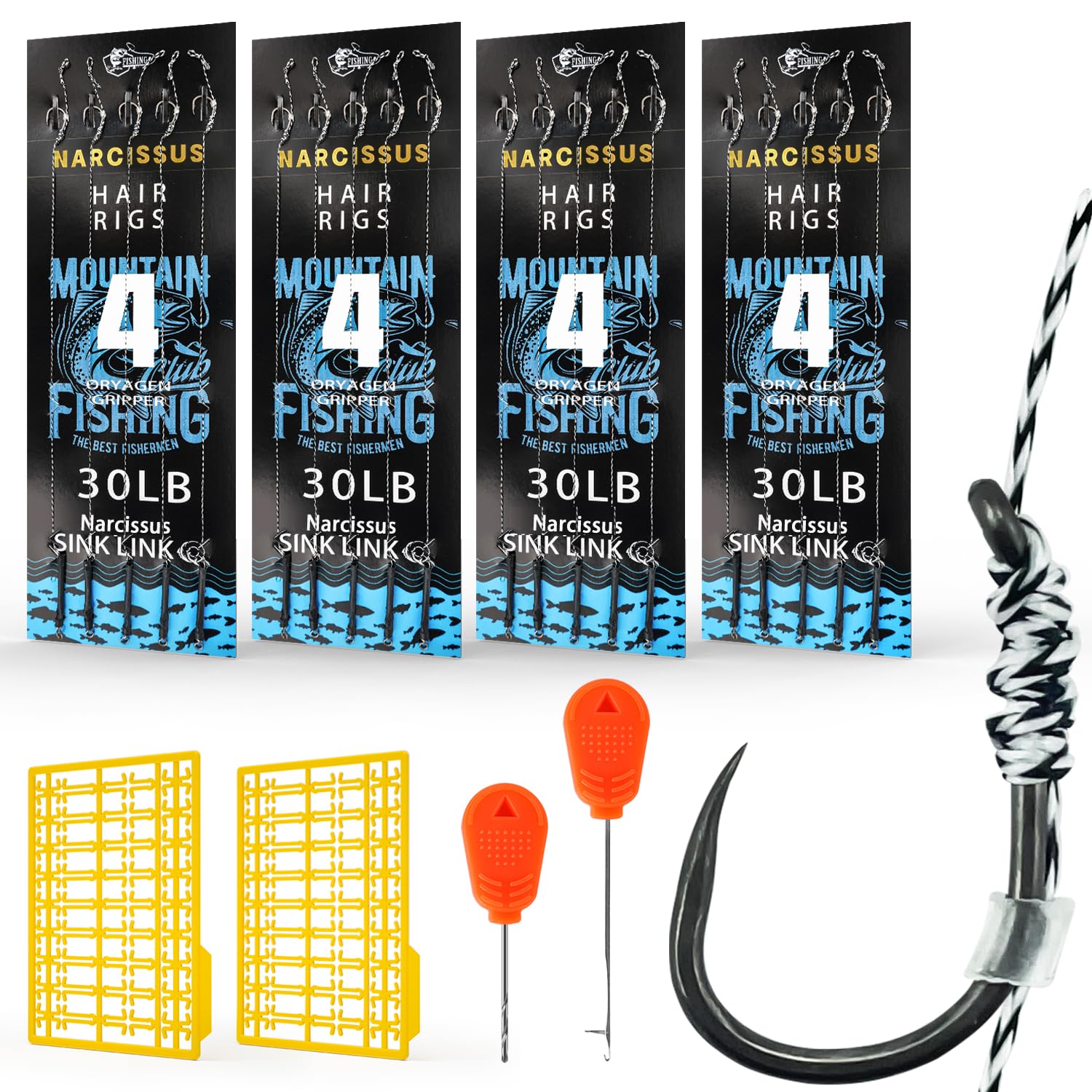 Narcissus 24pcs Carp Hair Rigs – Pre-Tied Bait Rigs with 24 cm Braided Line, Teflon-Coated Hooks (#2, #4, #6, #8), Boilie Stops Included