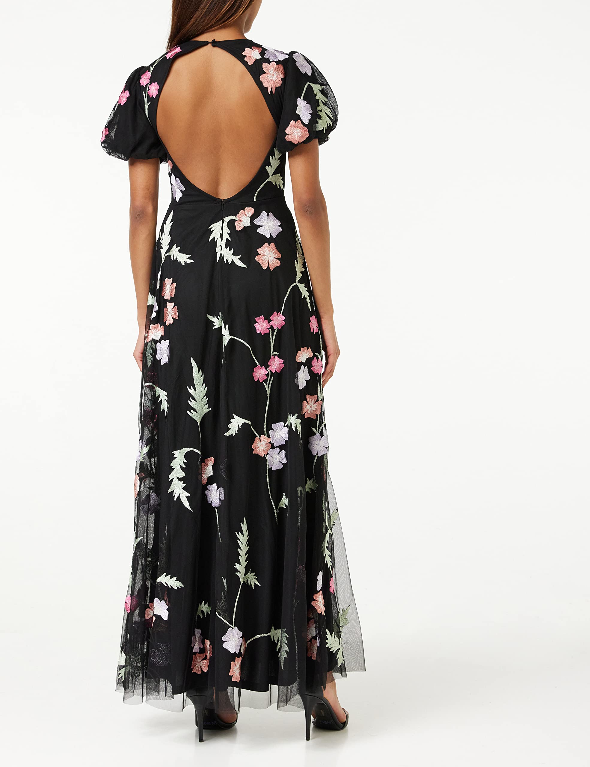 Maya Deluxe Womens Maxi Dress Ladies Floral Embroidered Open Back Puff Sleeves Dress For Wedding Guest Bridesmaid Prom Occasion Vestido Mujer