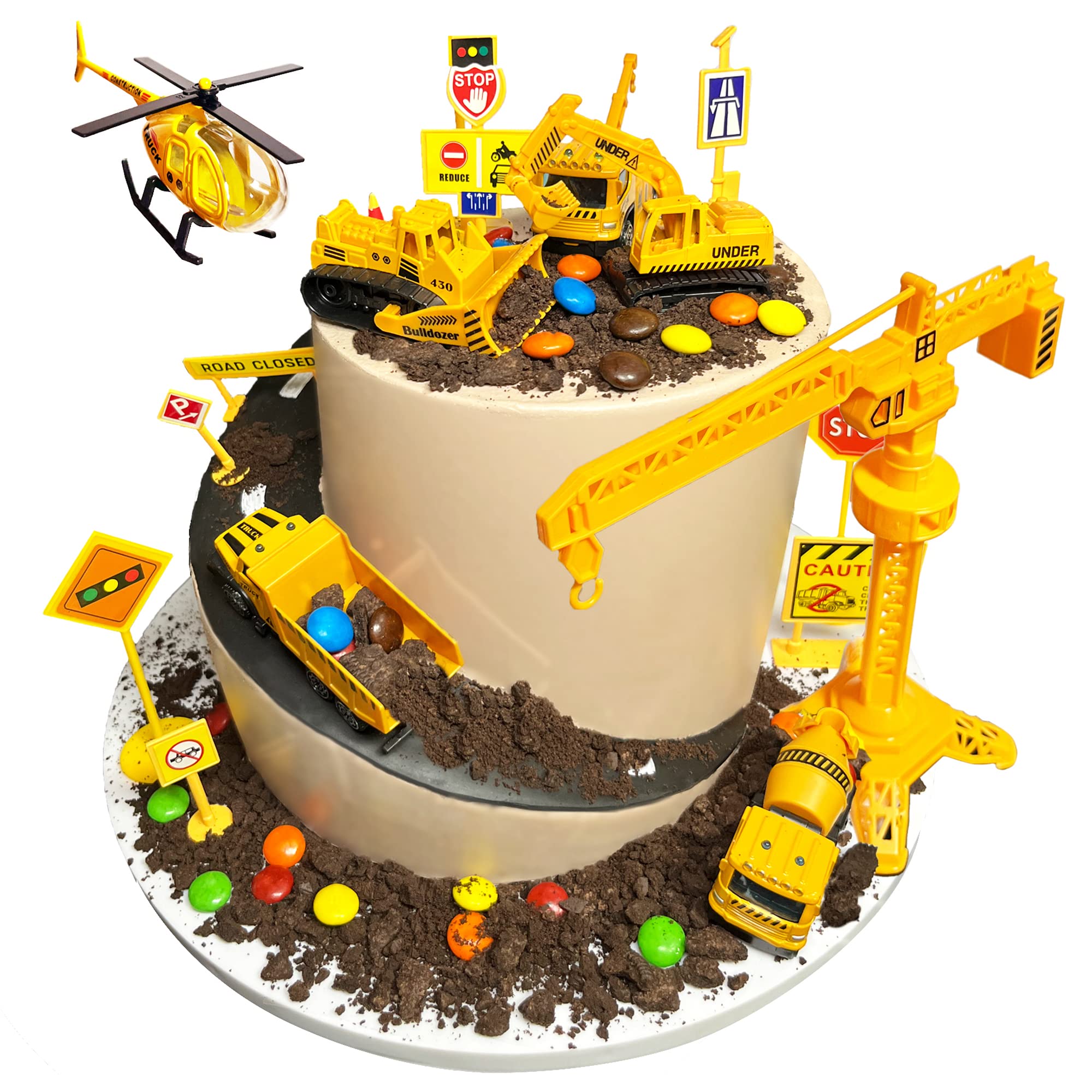 21-pieces mini construction vehicles Cake Decoration Tower Crane Set truck cake toppers construction birthday party supplies 6 PCS Construction Trucks Toys 14 Pieces Road Sign decorations
