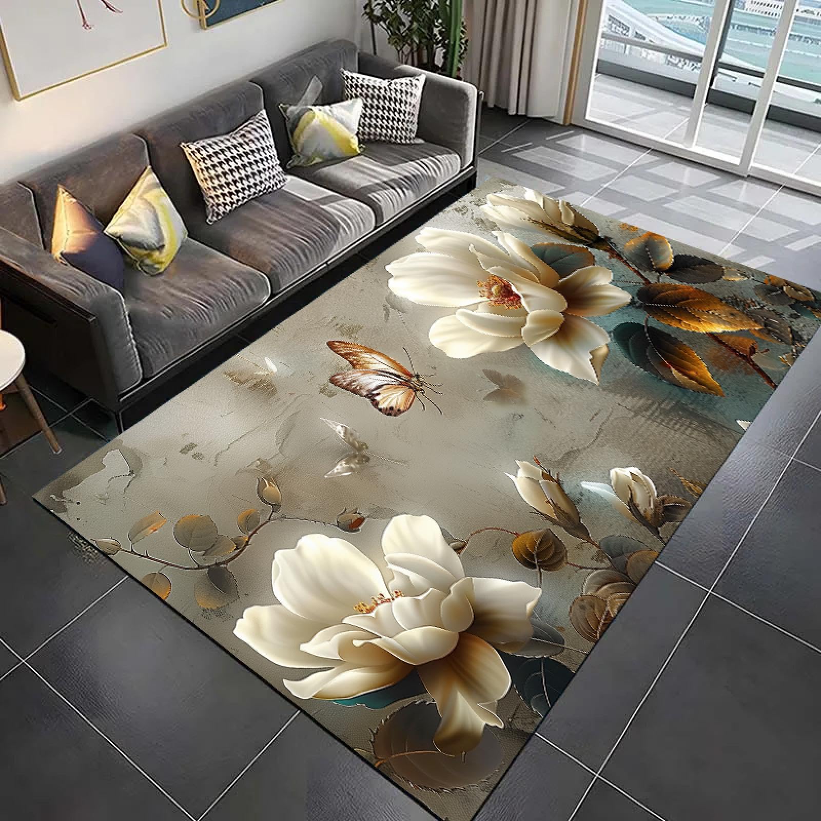Tapis à fleurs et papillons grand format avec revêtement sécurisé