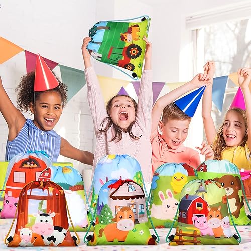 Miniatura 7 de Rtteri Paquete de 24 bolsas con cordón de granja de 12 x 10 pulgadas, bolsa de regalo de fiesta de animales de granja, suministros para fiesta de