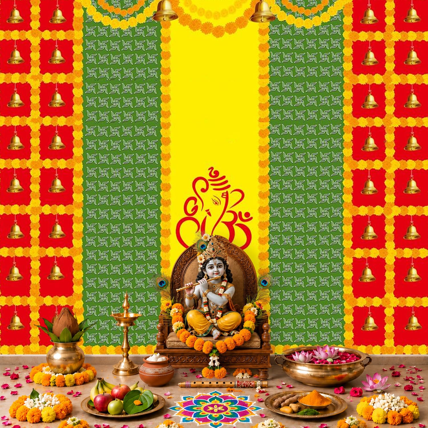 Party Propz Ganpati Backdrop Decoration -1Pc (8ft*5ft) Ganpati Decoration Setup for Home, Varamahalakshmi Decorative Items, Pooja Backdrop Cloth, Haldi Backdrop, Annaprasana Backdrops, Haldi Decor 3