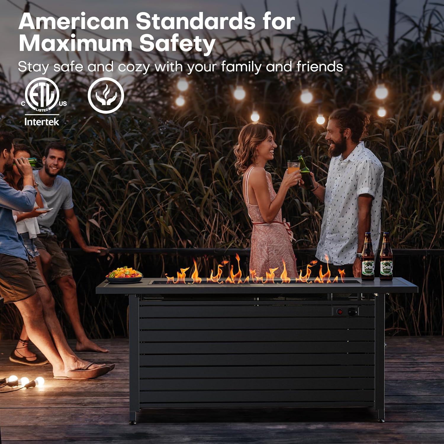 LEGACY HEATING 57 Inch Propane Fire Pit Table, 50000BTU Outdoor Gas Fire Pit, 2 in 1 Rectangular Firepit w/Lid, Glass Beads, ETL Certified for Gatherings on Garden Backyard, Black