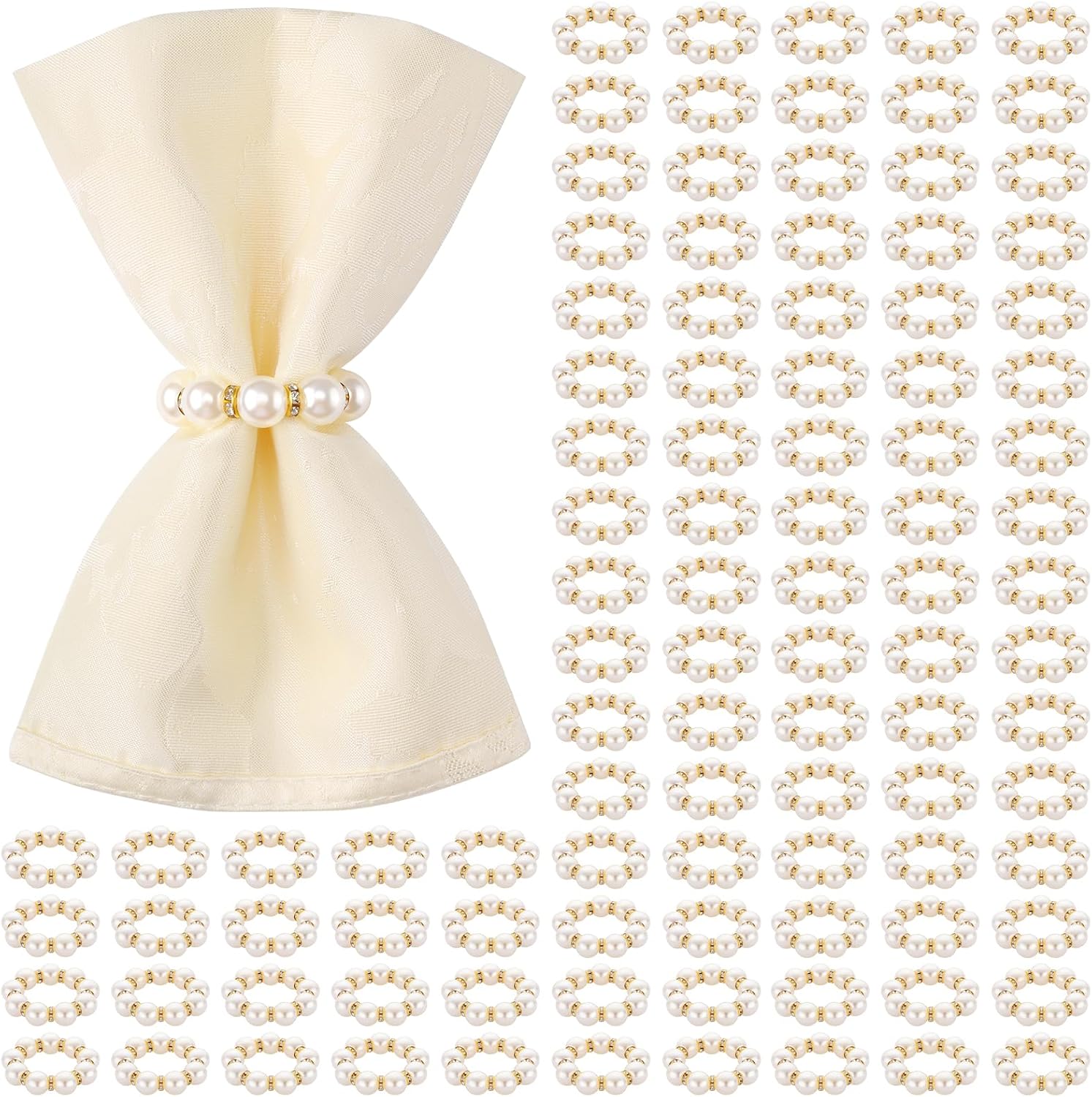 Suream 100 Pcs Napkin Rings Gold, Imitation Pearl Beaded Napkin Ring for Wedding Dinner Party Kitchen Table Birthday Decoration(White&Gold, 2 Inch)