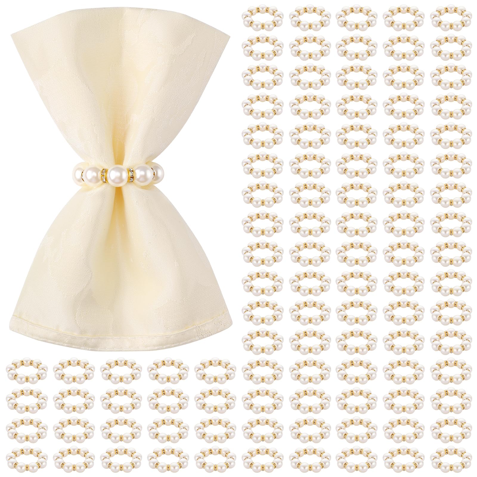 Suream Lot de 100 ronds de serviette dorés avec perles d'imitation pour mariage, dîner, fête, cuisine, table d'anniversaire (blanc et doré, 5,1 cm)