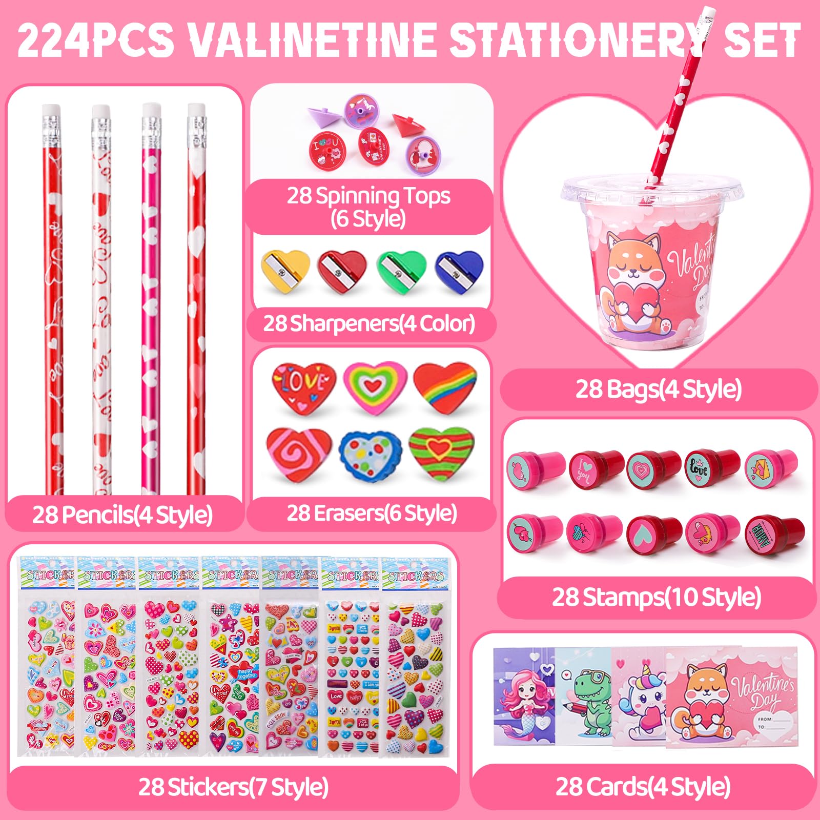 BEIKEETOO Valentines Day Gifts for Kids Classroom 28 Pack Valentines Day Cards for Kids School Exchange, 224PCS Stationery Set with Cups Party Favors Valentines Day Goodie Bag Stuffers Boys Girls