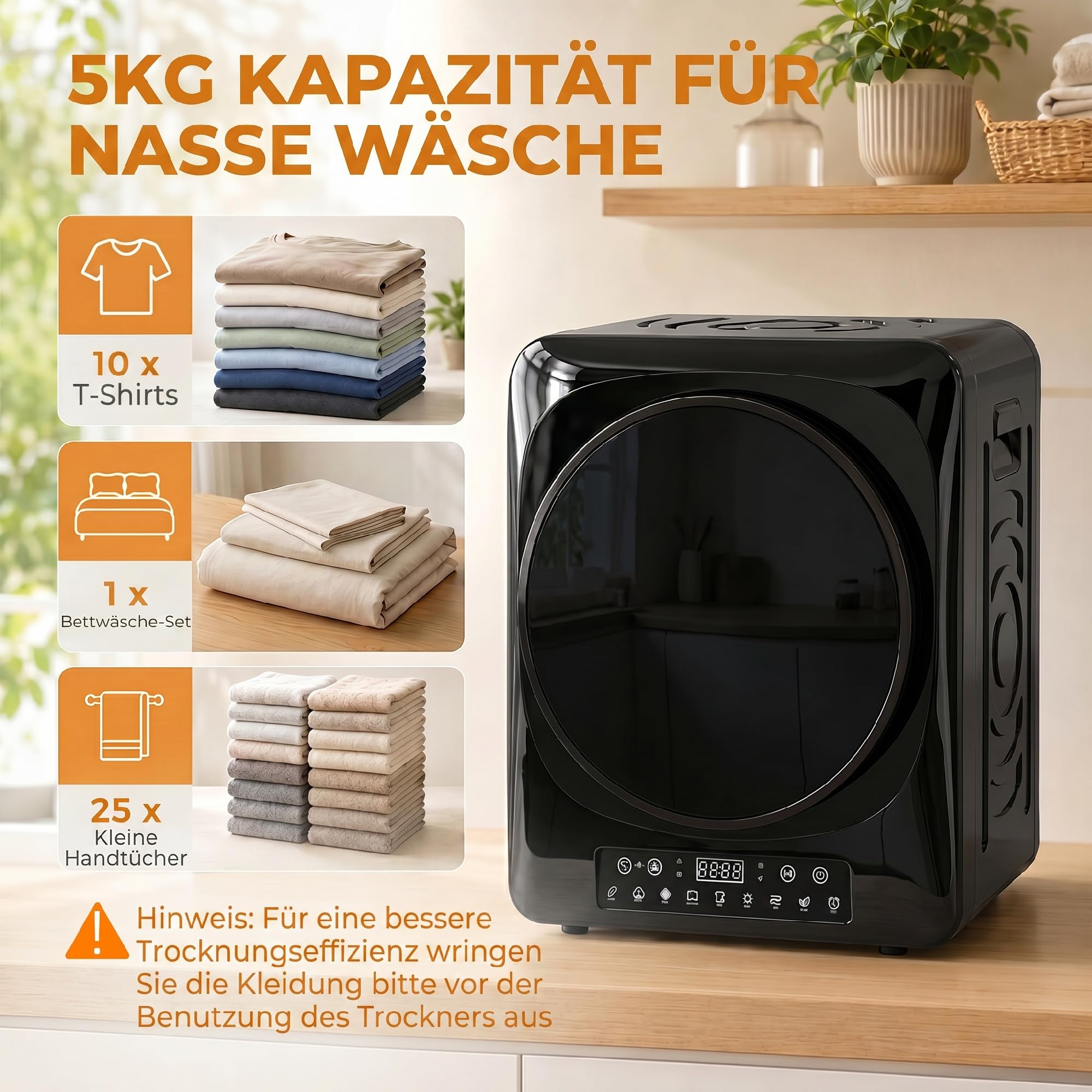 HOMCOM Wäschetrockner 5 kg Mini Ablufttrockner mit 9 Programmen bis zu 60℃, 1000W Trockner mit Knitterschutz, Doppelfilter, LED-Touchscreen, Timer, Kindersicherung für Wohnmobile, Haus, Schwarz