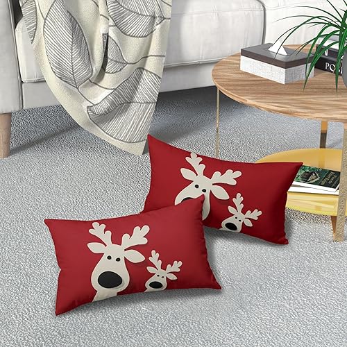 Miniatura 7 de Juego de 2 fundas de almohada lumbares rojas de 12 x 20 pulgadas, diseño de ciervos navideños, estampado de invierno, fundas de almohada decorativas