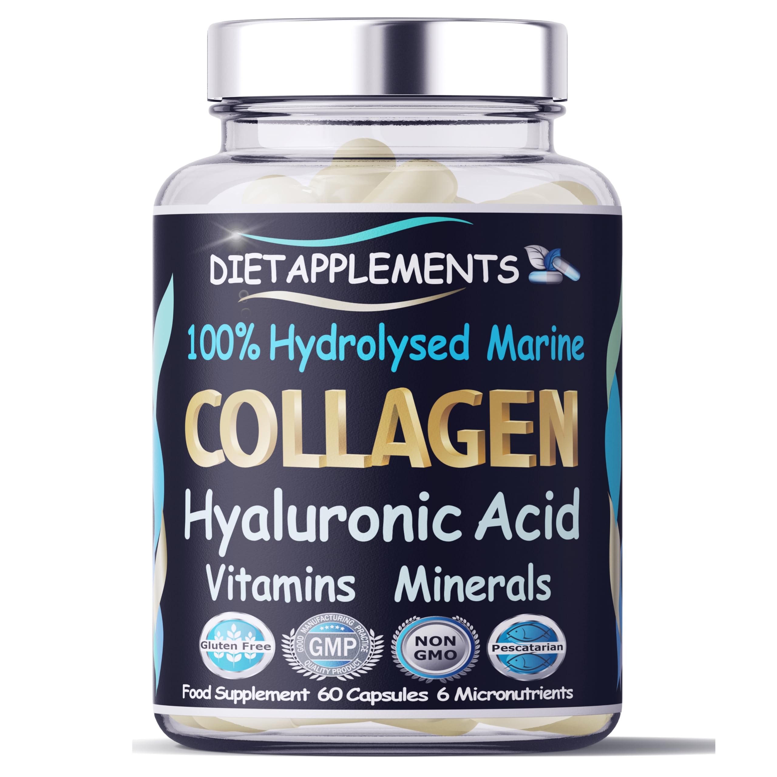 Marine Collagen Type 1&3 1000mg, Hyaluronic Acid 200mg, Vitamins C, E, B2, Copper, Zinc, Iodine. Hydrolyzed Peptides Supplement. Skin, Nails, Hair, Bones, Joints, Metabolism, Immune, Nervous Systems