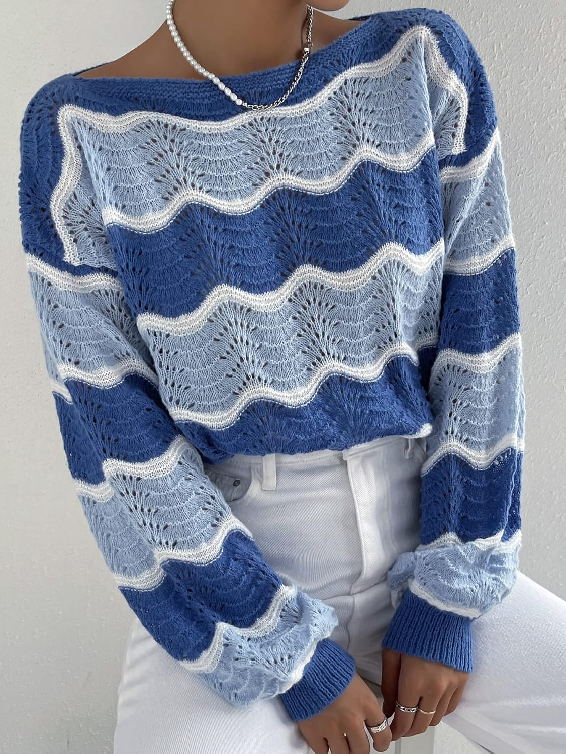 Women's Sweater Chevron Pattern Drop Shoulder Pointelle Knit Sweater Sweater for Women (Color : Blue, Size : Small)