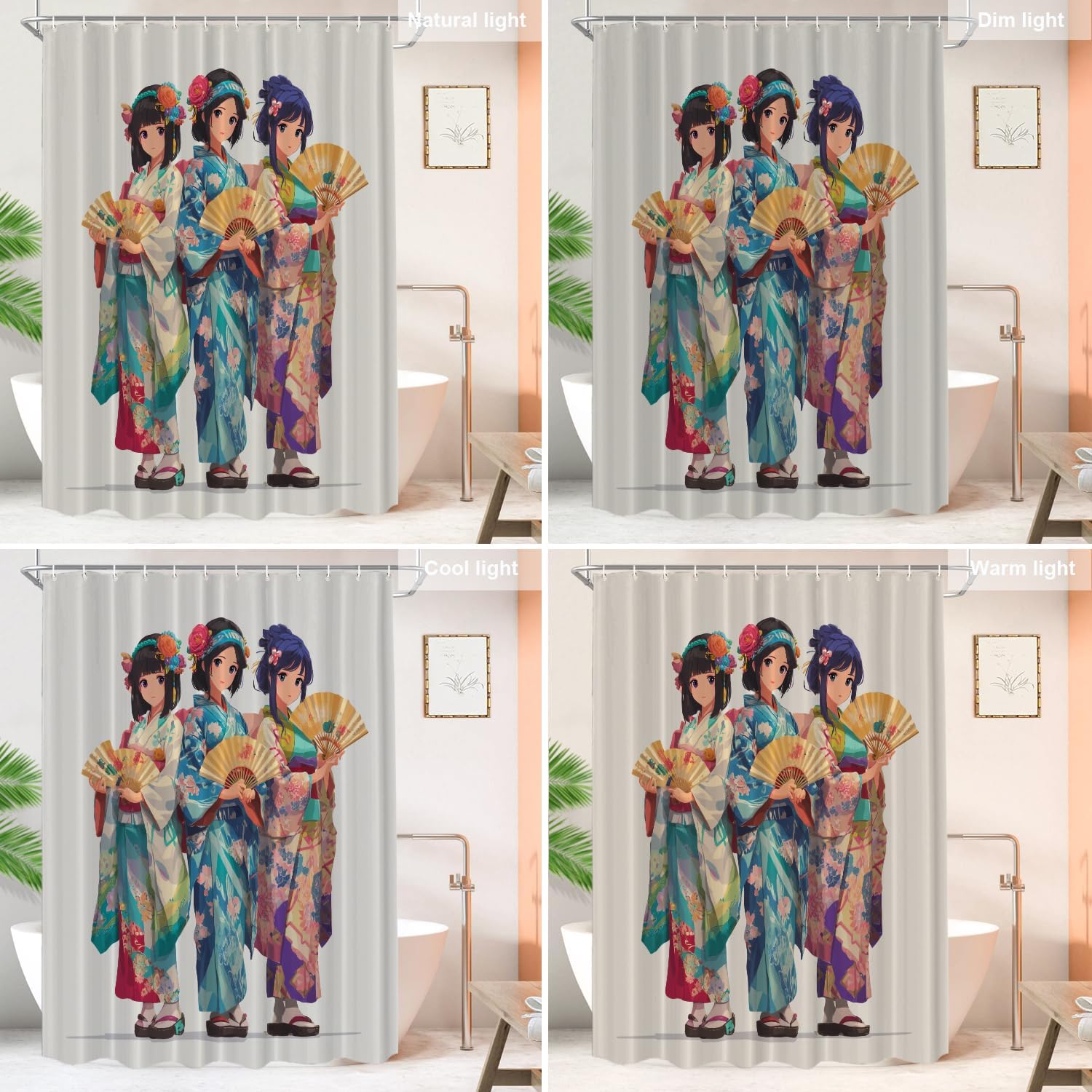 Shrahala Kawaii Anime Girls in Kimono Decorative Shower Curtain, Japanese Paper Fans Manga Party Scene Bathroom Décor Waterproof with Plastic Rings for Shower Stall Bathtubs 72 x 60 in