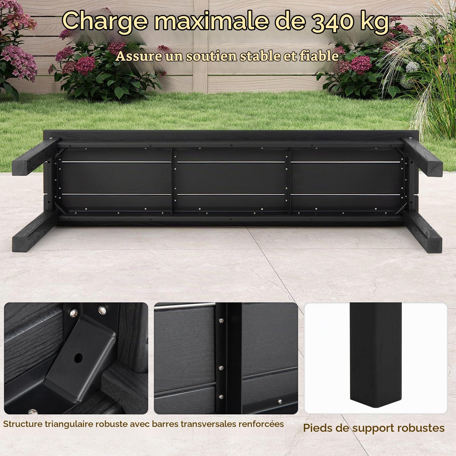 KOMFOTTEU Banc de Jardin en HDPE, Banc de Parc pour 2-3 Personnes, Charge de 340 kg, Bancs d'Extérieur, Conception en Lamelles, 140 x 35 x 45 cm, Surface Effet Bois, pour Terrasse, Cour (Noir)
