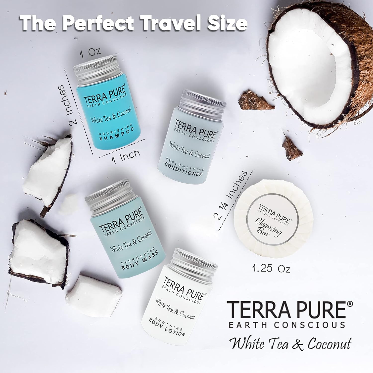 Terra Pure White Tea & Coconut Toiletries Set | 1-Shoppe Amenities Kit | 1oz Shampoo & Conditioner, Body Wash, Lotion, 1.25oz Bar Soap | Travel Size | 300 Pieces - Image 5