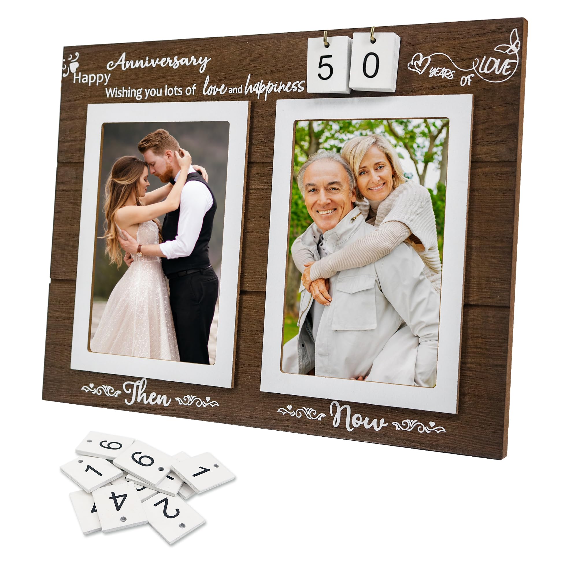 Then & Now Anniversary Picture Frame 1-99 Years Anniversary Wedding Marriage Gifts for Couple Valentine's Day Engagement Bridal Shower Gift Wood Photo Frame Holds Double 4x6 Inches Pictures