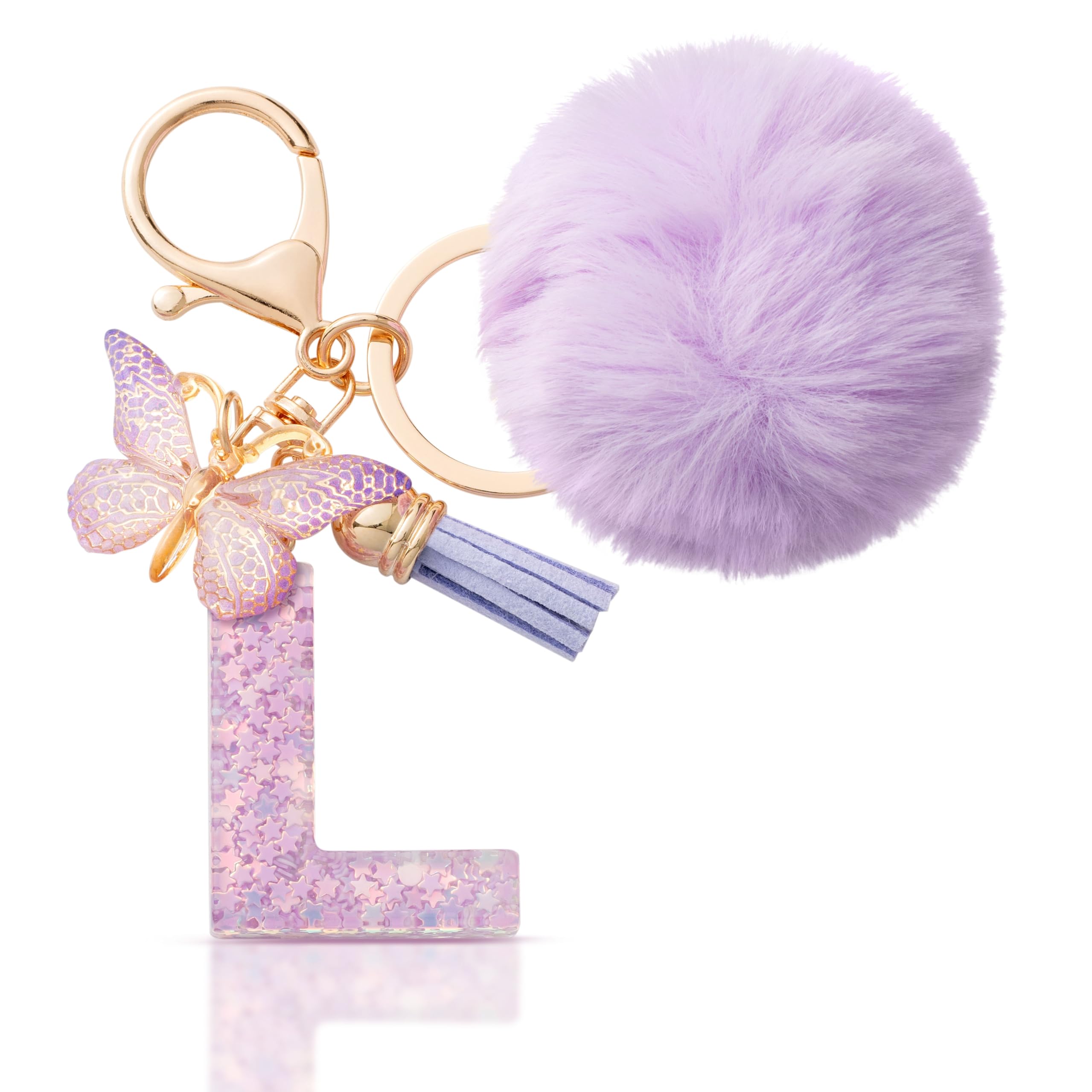 CHUQING Schlüsselanhänger Buchstabe Geschenke Mädchen Schlüssel Anhänger mit Pompon Anfangsbuchstaben Keychain Letter Schmetterling für Frauen Damen Geburtstagsgeschenk