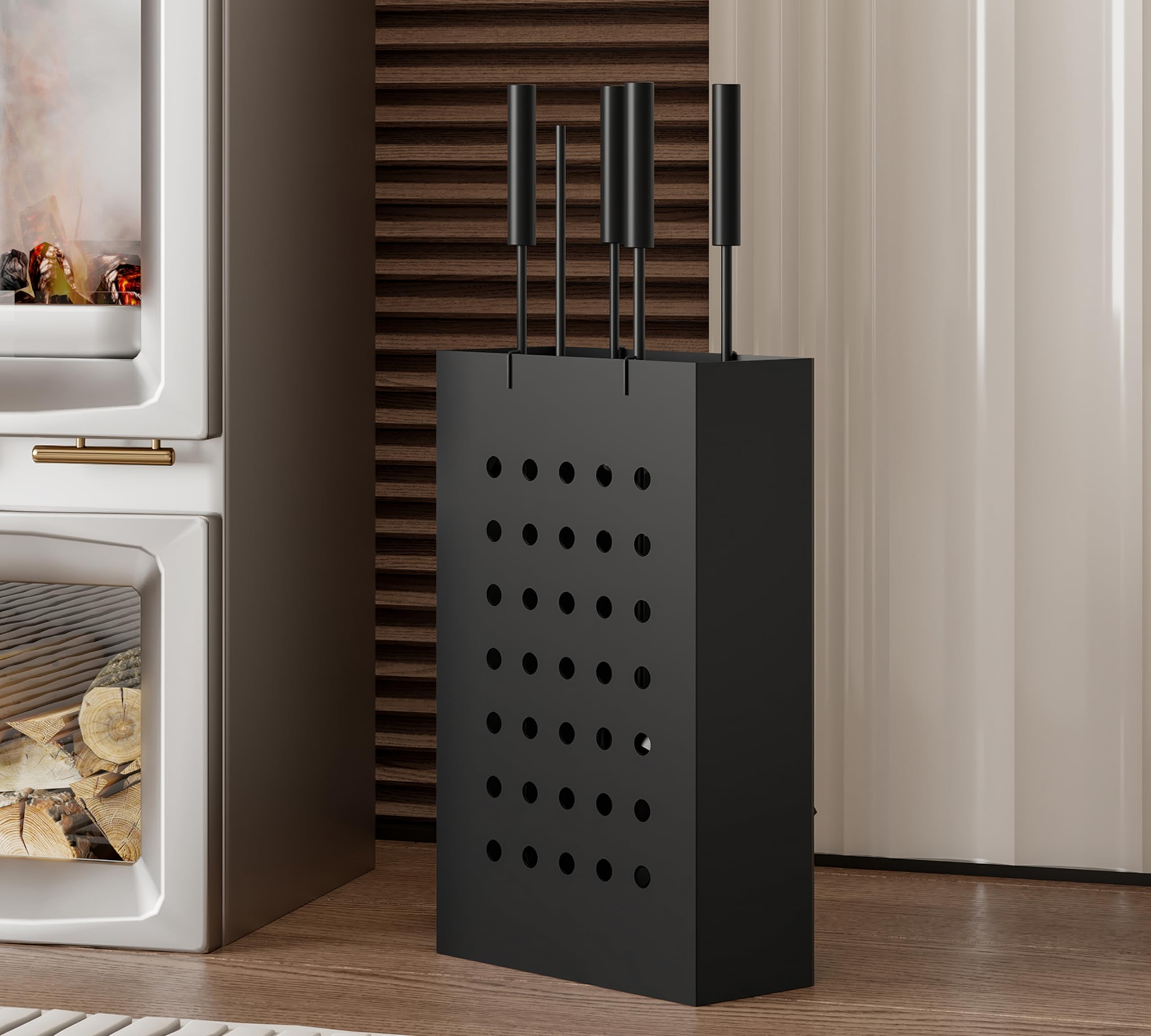 Kingson Ensemble de cheminée en fer noir avec seau à cendres rectangulaire – 4 outils de suspension (tisonnier, brosse, pelle, pince) – Ensemble d'outils de cheminée compact pour poêle à bois