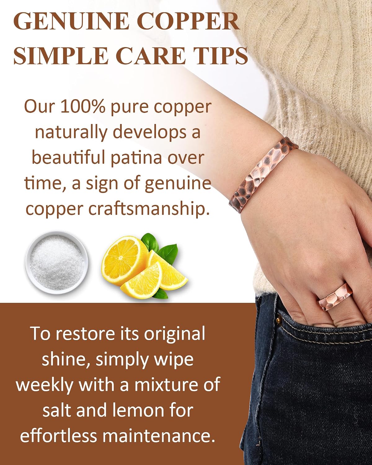 Pure Copper Bracelet and Ring Set – Copper Bracelet for Men & Women – 100% Solid, Raw & Uncoated Handmade Hammered Tibetan Cuff Bangle