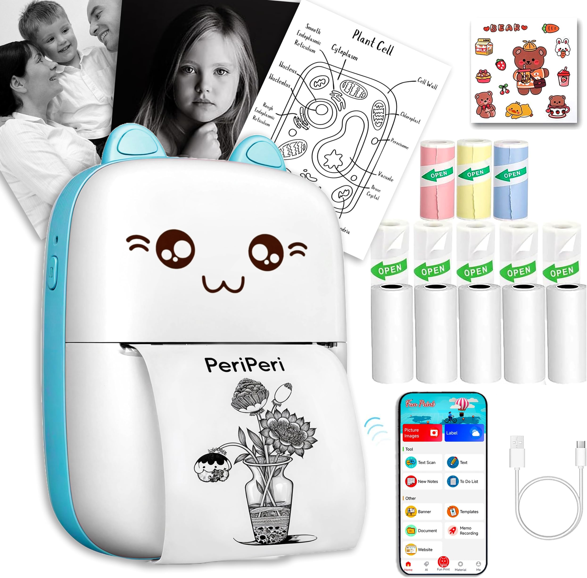 PeriPeri C6 Gift Box Combo Mini Thermal Printer (1Year Warranty) Inkless Bluetooth Pocket Printer with 6 Paper & Sticker Rolls. Compatible with iOS, Android (Blue)