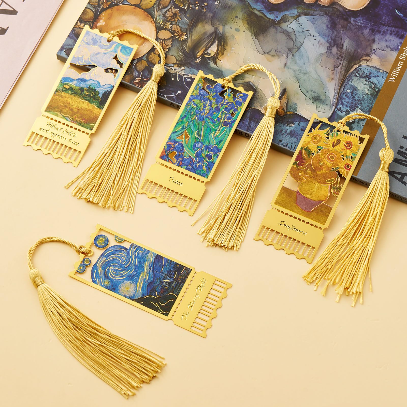 ZOUIQSS Metal Bookmarks with Tassel Golden Hollow Bookmark Van Gogh Oil Painting Theme Book Mark Bookmarks for Book Lovers Writers Readers Men Women,4 Pieces,Style1