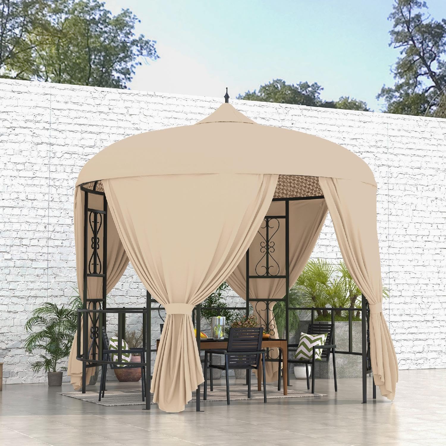 Gazebo 3 mt Gazebo Giardino Rotondo in Metallo/Tessuto con Tende colore Beige