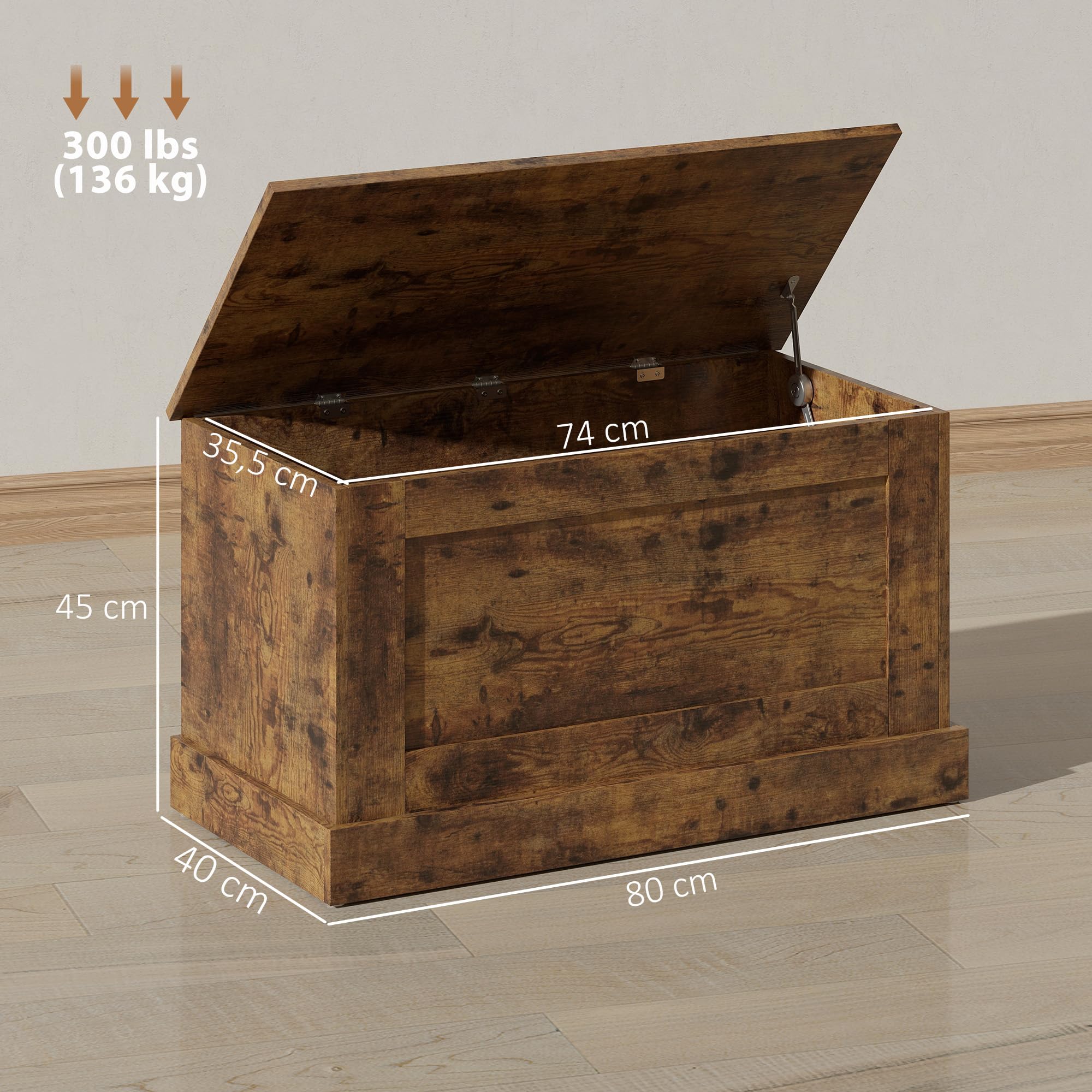 HOMCOM Aufbewahrungstruhe Spielzeugtruhe 80x40x45 cm Rustikales Braun | Aus Holz, Sicherheitsscharnier, für Wohnzimmer, Eingangsbereich