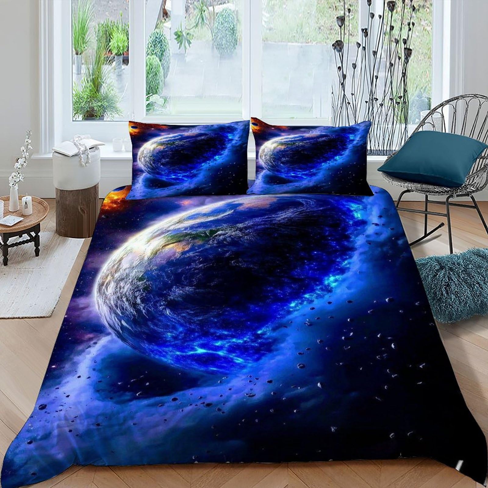 Earth Universe Bedding Set Theme Bedspread Starry Sky Themes Duvet Cover Set Microfiber Comforter Cover Suitable for Family,couple,children with Pillow King（220x240cm）