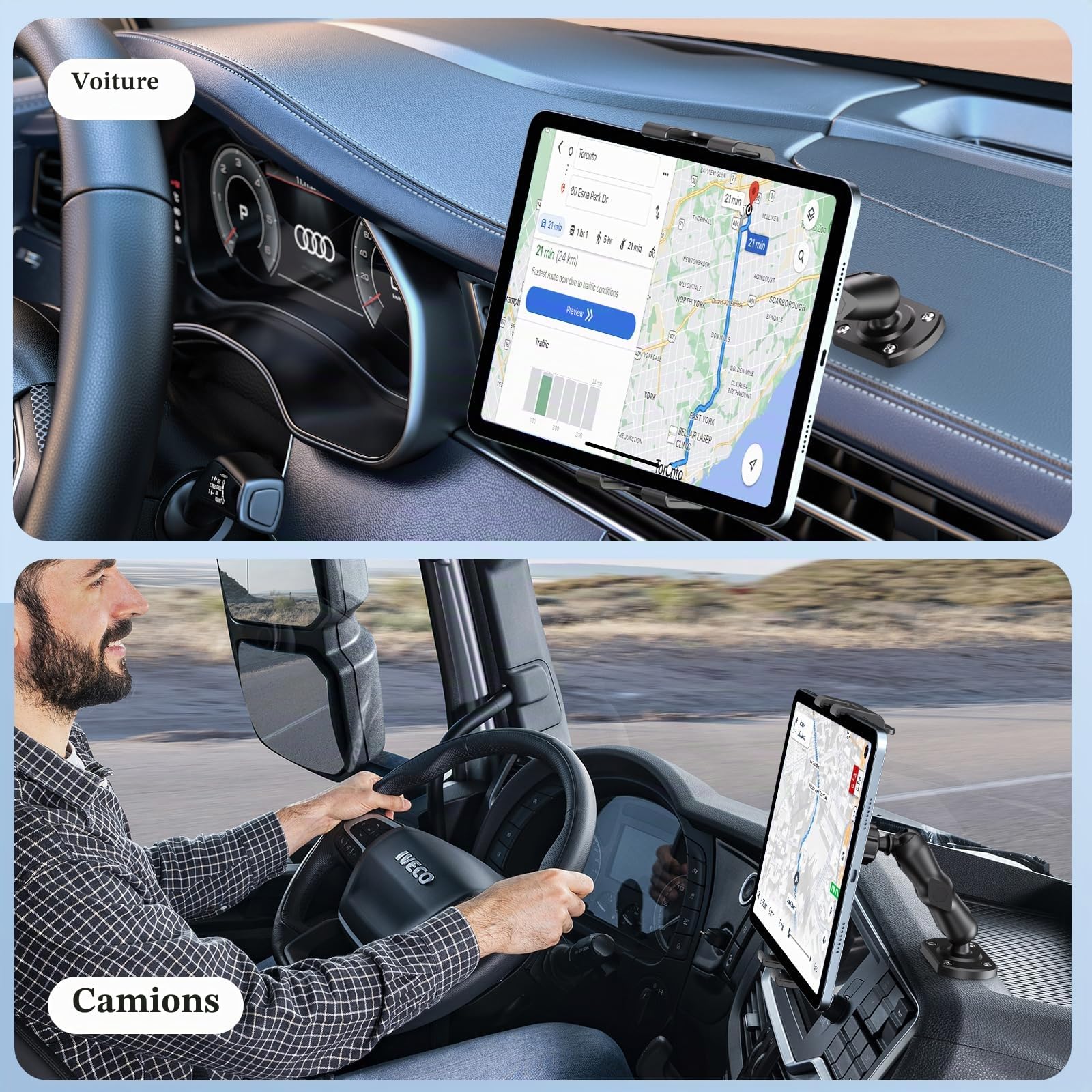 OHLPRO Support Tablette Voiture, Support ipad Voiture Universel 360° Rotatif Base Perçage+ Bras Réglable 15cm, Compatible iPad Pro/Mini Samsung 4-13" Tablettes Camion & Tableau de Bord