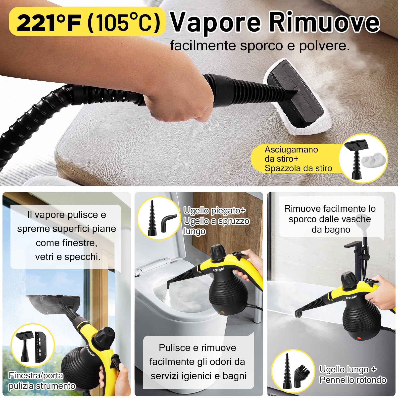Pulitrice a Vapore Portatile, Steam Cleaner con 10 Accessori
