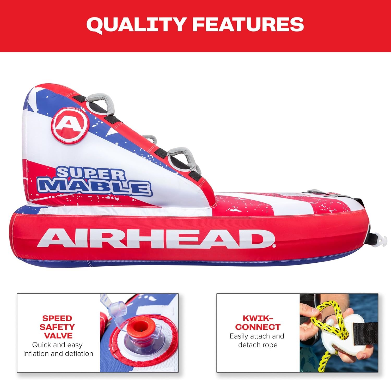 Airhead Mable Inflatable Towable Tube, 1-4 Rider Models, Dual Tow Points, Full Nylon Cover, EVA Foam Pads, Patented Speed Valve, Boat Tubes and Towables