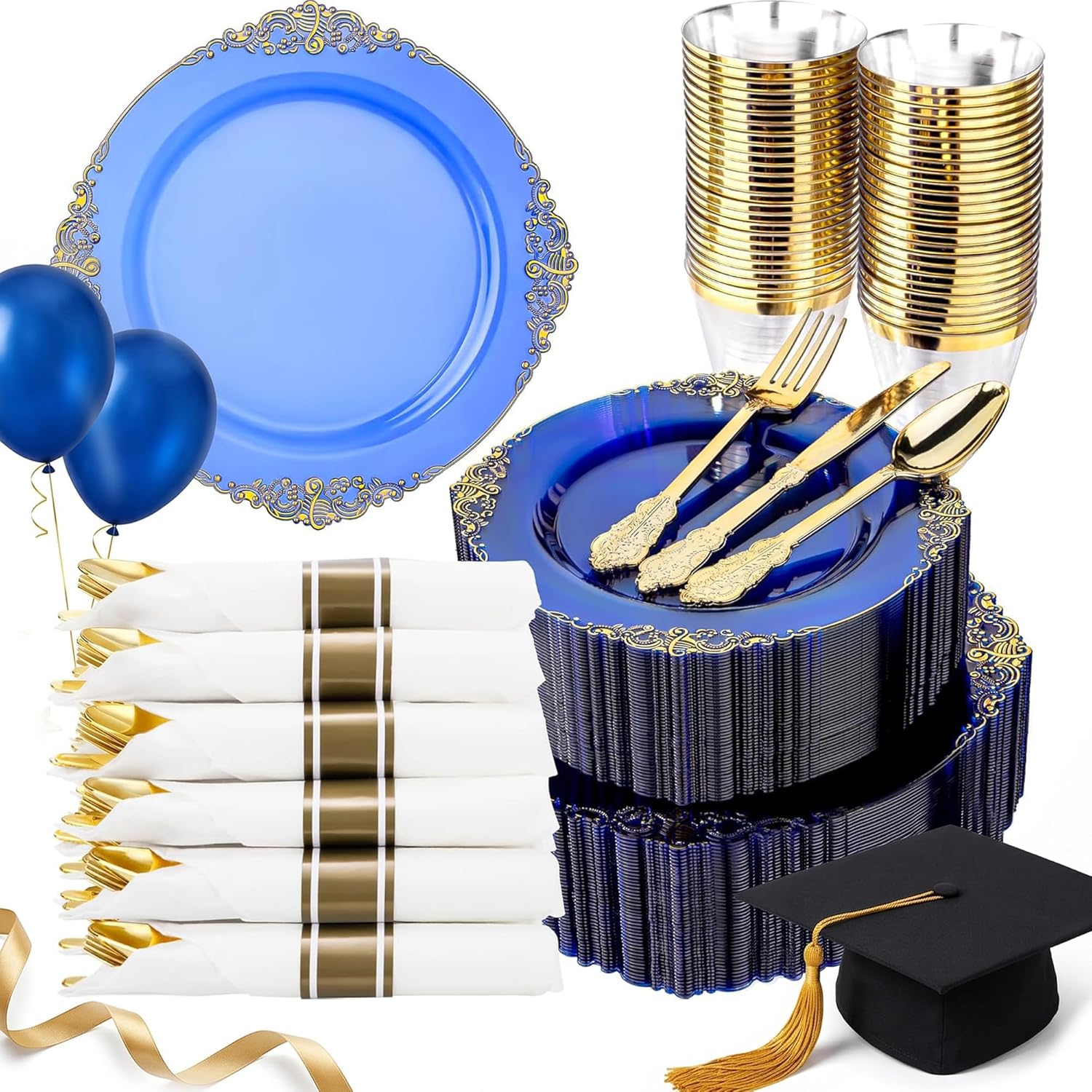 Nervure 350PCS CLear Blue Plastic Plates - Blue Gold Plastic Dinnerware Sets for 50 Guests - 100 Disposable Plates, 150 Silverware, 50 Cups, 50 Napkins for Wedding & Party & Memorial Day