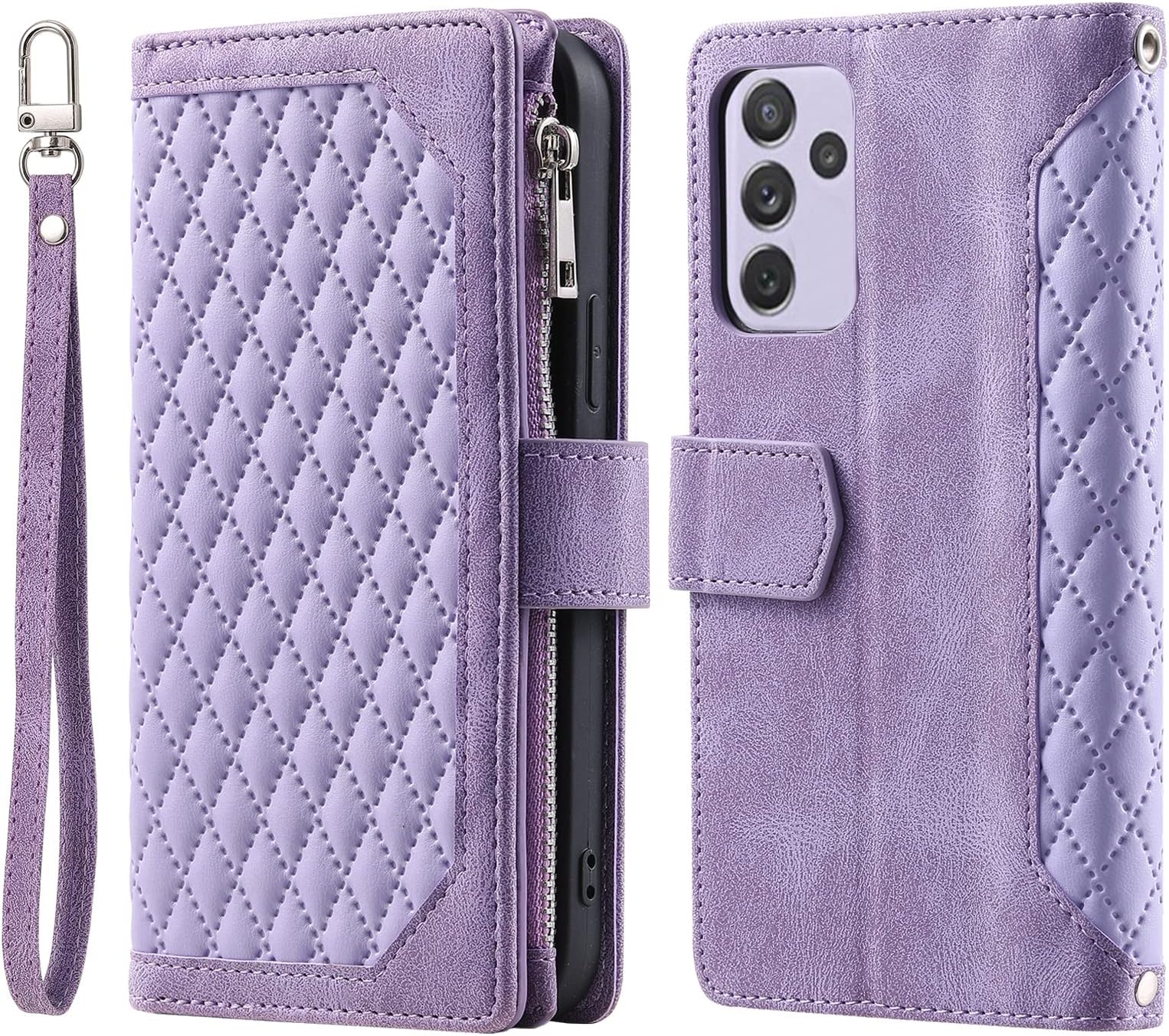 For Samsung Galaxy A14 Zipper Case 7 Card Holder with Strap Shockproof Leather Flip Wallet Purse Handbag Zip Pocket Phone Cover Magnetic Stand Skin for Samsung Galaxy A14 4G /5G Light Purple