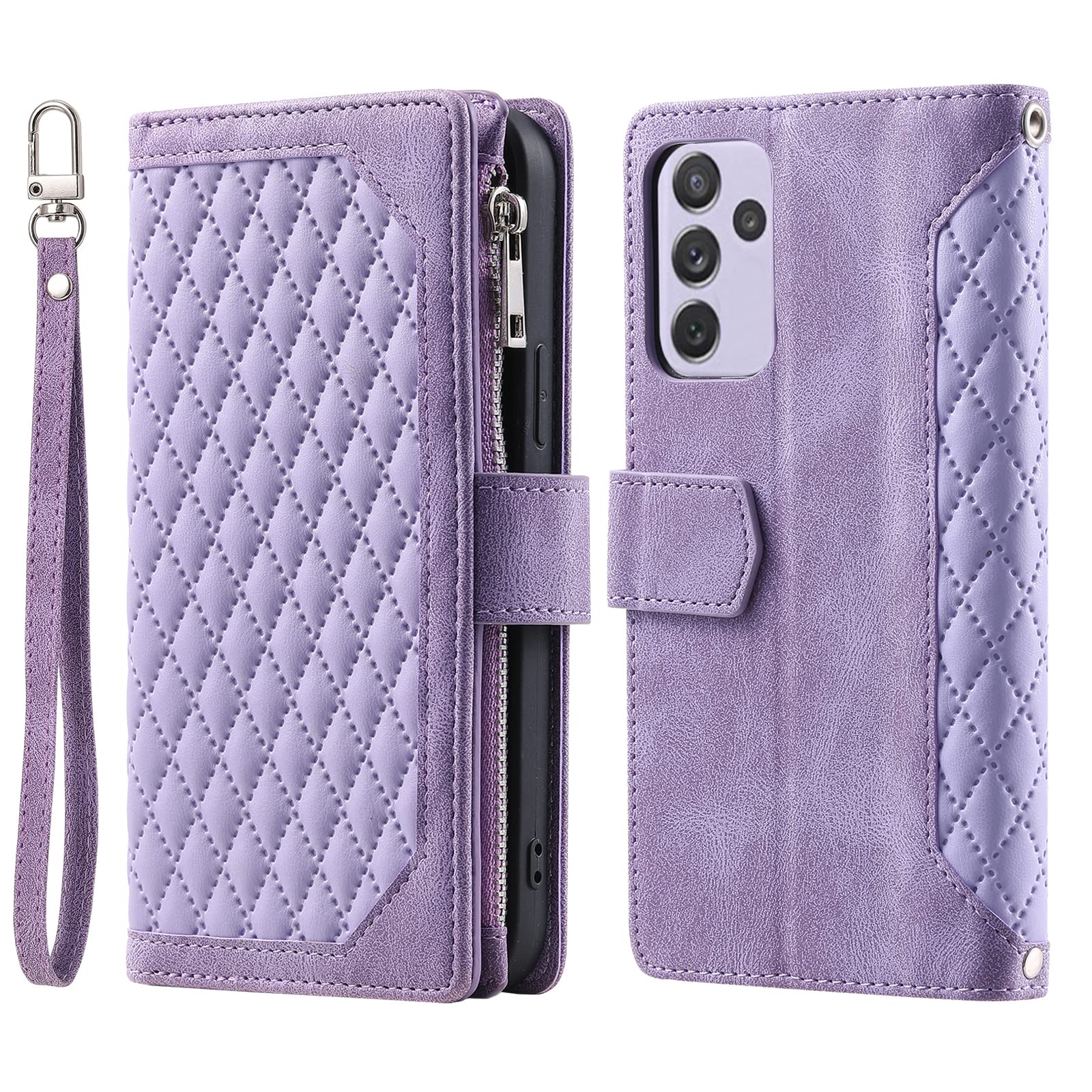 For Samsung Galaxy A14 Zipper Case 7 Card Holder with Strap Shockproof Leather Flip Wallet Purse Handbag Zip Pocket Phone Cover Magnetic Stand Skin for Samsung Galaxy A14 4G /5G Light Purple