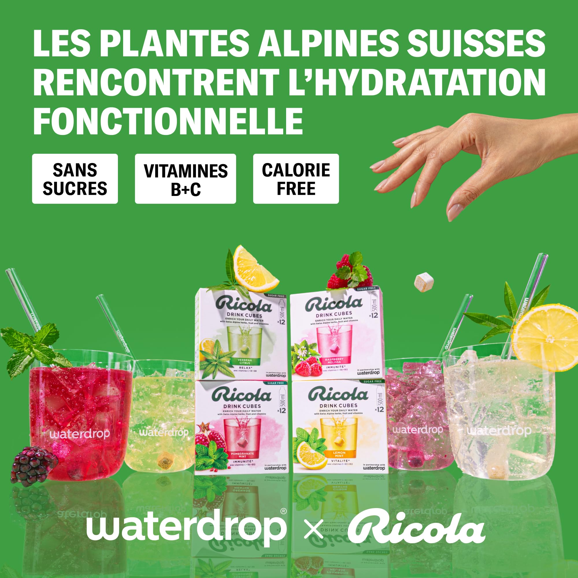 waterdrop® x Ricola - 48 Pastilles Pour Boisson en Saveurs Verveine Citronnée, Grenade Menthe, Framboise Mélisse & Citron Menthe, Cubes de Boisson Vegan, Vitamine C & B, Eau Aromatisée Sans Sucre