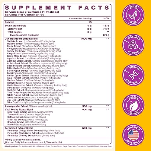 Miniatura 8 de Gomitas de hongos de 4000 mg, suplementos cerebrales para la memoria y la concentración, suplemento de 26 hongos con ashwagandha y melena de león,
