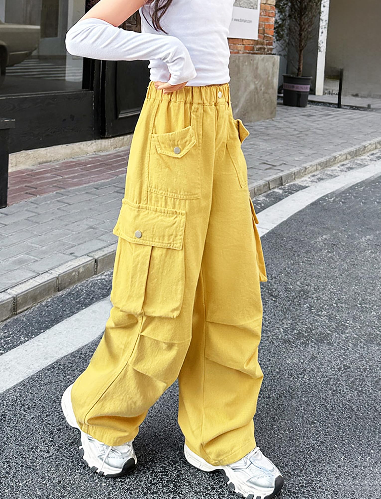 SEAUR Pantalones cargo para niña vaqueros holgados Y2K Hip Hop Pantalones multibolsillos Pantalones Cargo Niños Streetwear Pantalones vaqueros con cintura elástica - 120-170 = (EU 110-164)