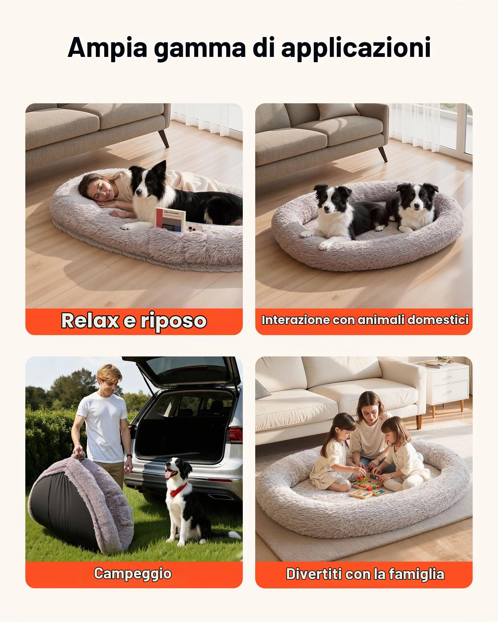 VEVOR Letto Stile Cane per Umani Amici Pelosi da 1710 x 1000 x 240 mm, Letto per Cani a Misura Umana, con Tasca Laterale, Maniglia e Cerniera, Fodera Rimovibile e Lavabile in Lavatrice, Pelo Alto