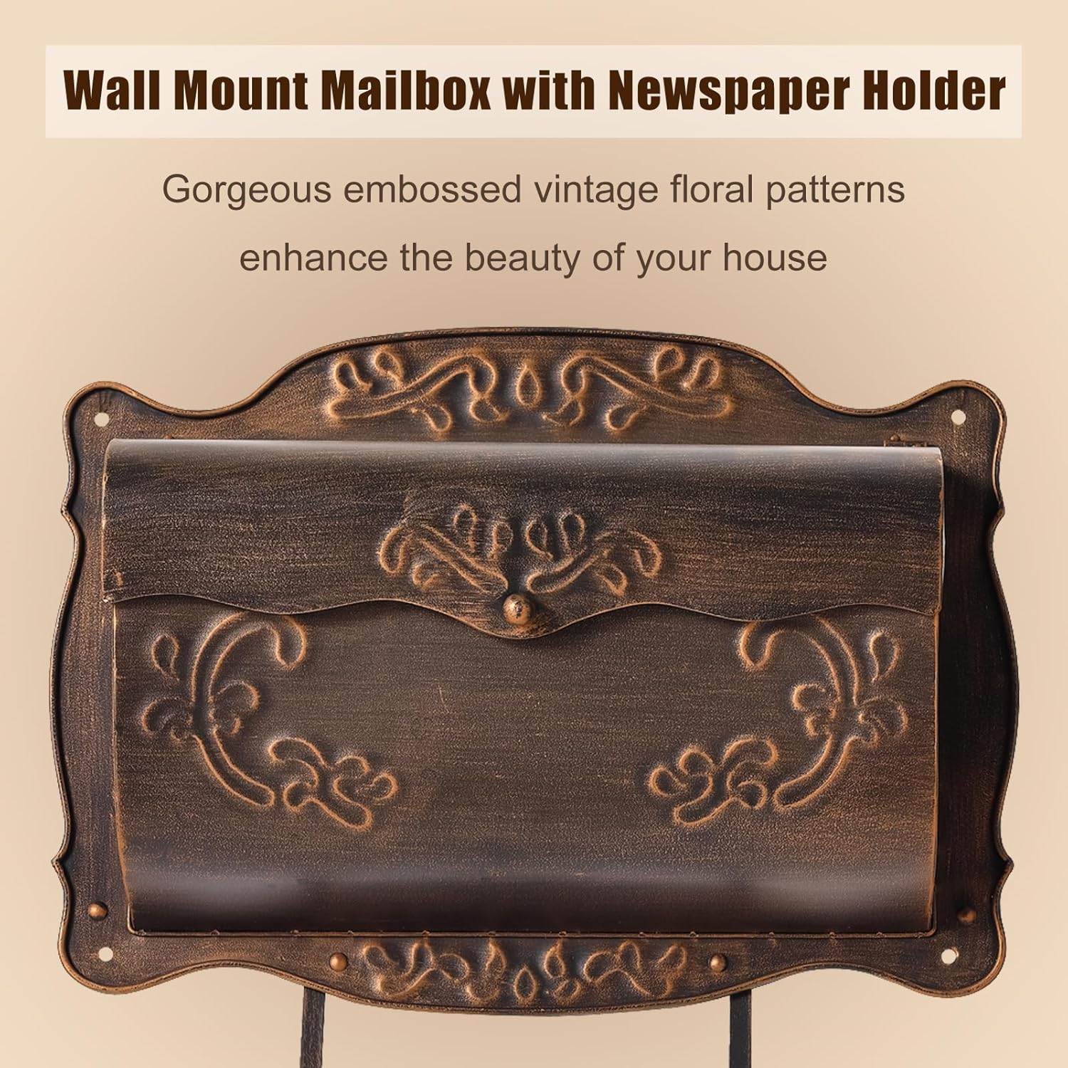 Wall Mount Mailbox with Newspaper Holder, Vintage Metal Wall Mailboxes for Outside, Decorative Front Porch Mail Box Mounted, Horizontal Mailbox with Antique Floral Design for Outdoor and House Garden