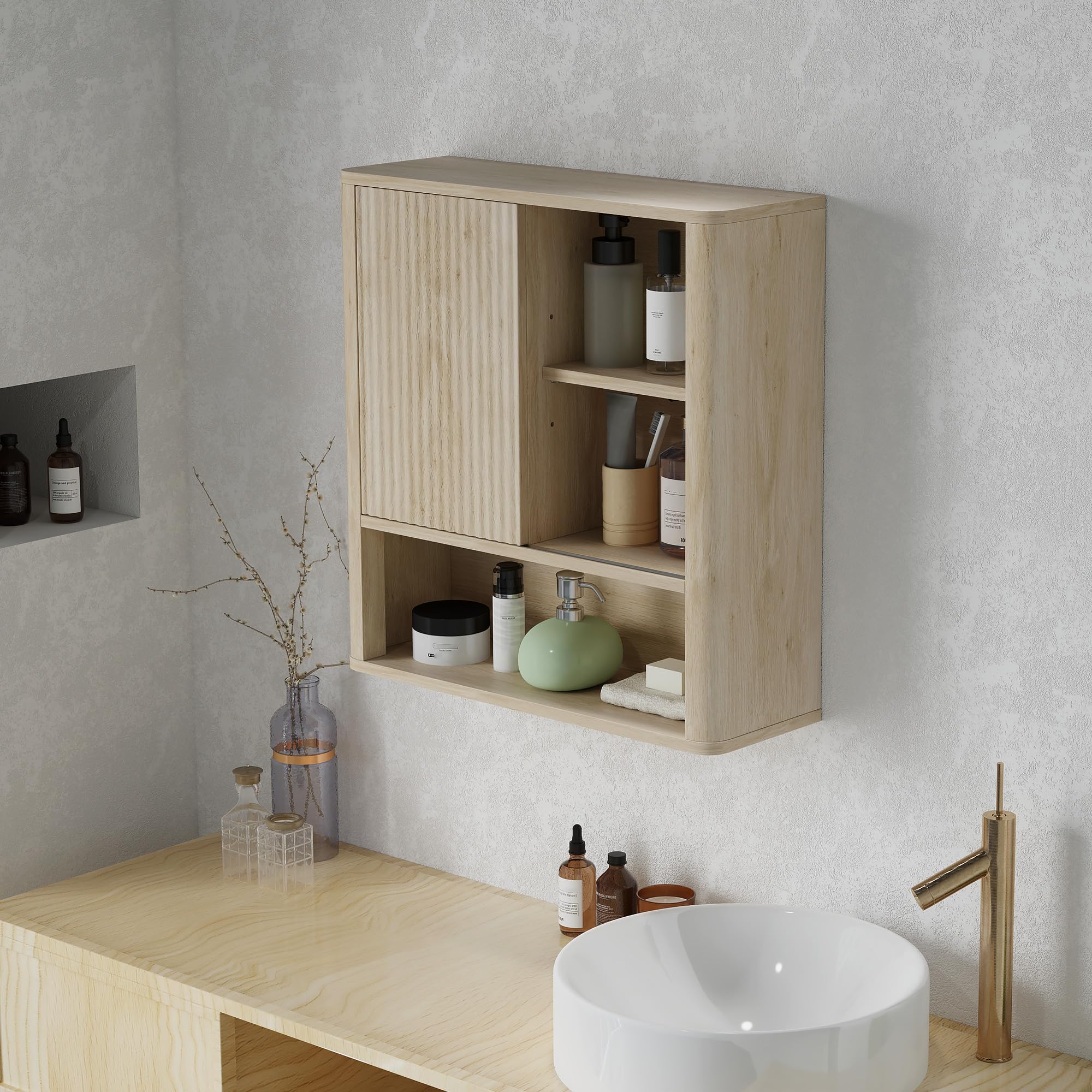 HOMCOM Armoire Murale Armoire Suspendu 60 x 20 x 62 cm Bois Naturel | Meuble Haut Salle de Bain, Porte Coulissante, Étagères Ouvertes, Étagères Réglables