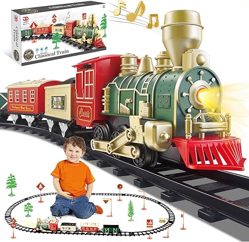 JUQU - Juego de tren eléctrico con luces y sonidos (encendidoapagado), juegos de tren para niños pequeños, tren de juguete con motor de locomotora,