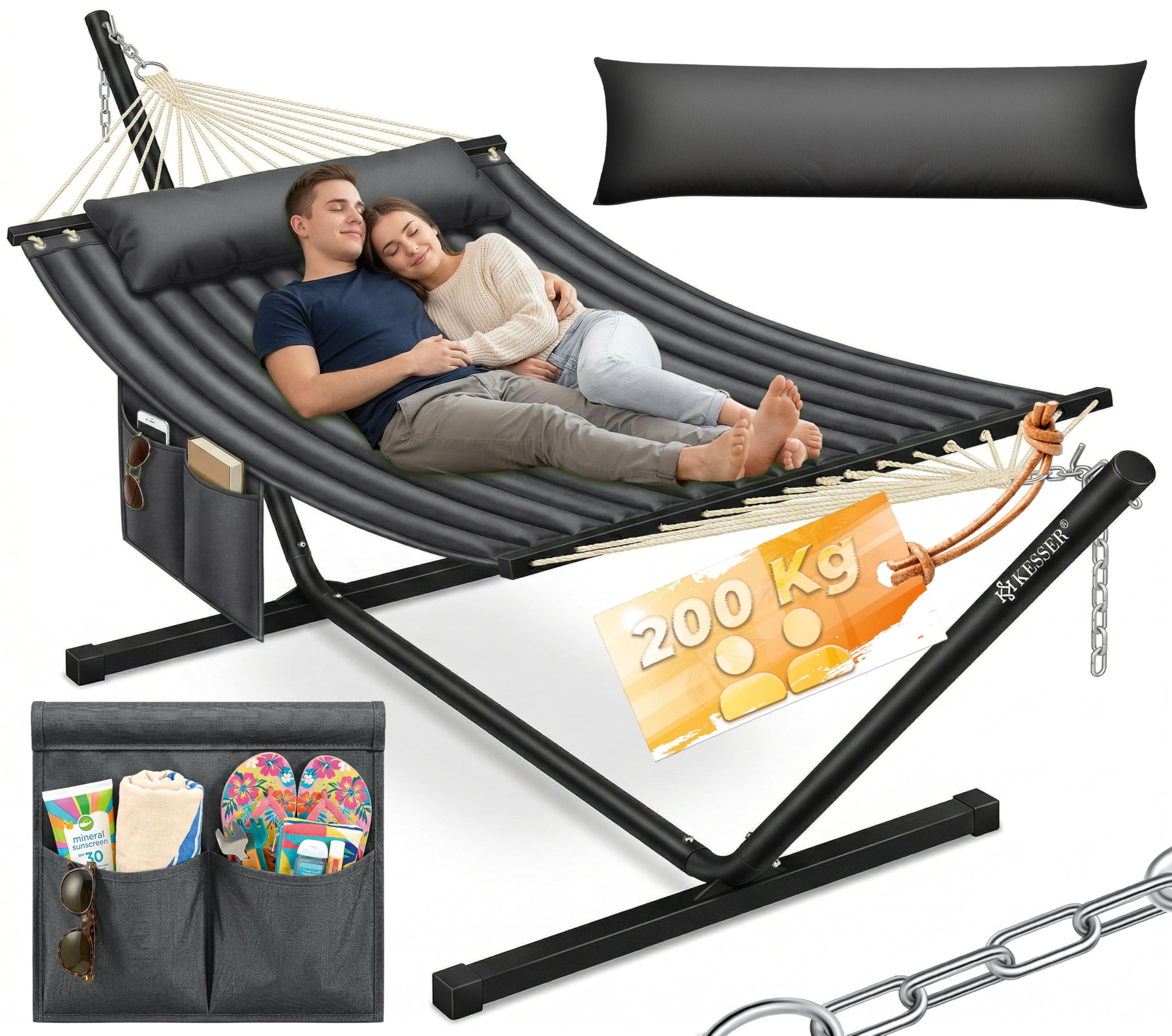 KESSER® Hamaca Hill con Estructura Almohada Doble para 2 Personas - Resistente Marco - Capacidad 200kg Interior y Exterior XXL Columpio Doble Multijugador Jardín Piscina Balcón Terraza Antracita