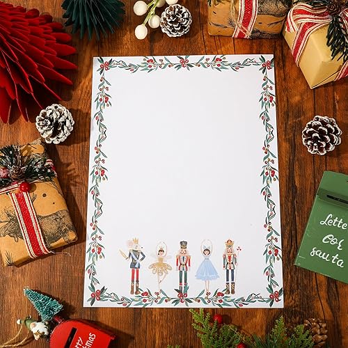 Miniatura 4 de 80 piezas de papel de papelería de Navidad con membrete de cascanueces de borde, papel de escritura floral de dibujos animados para tarjetas de