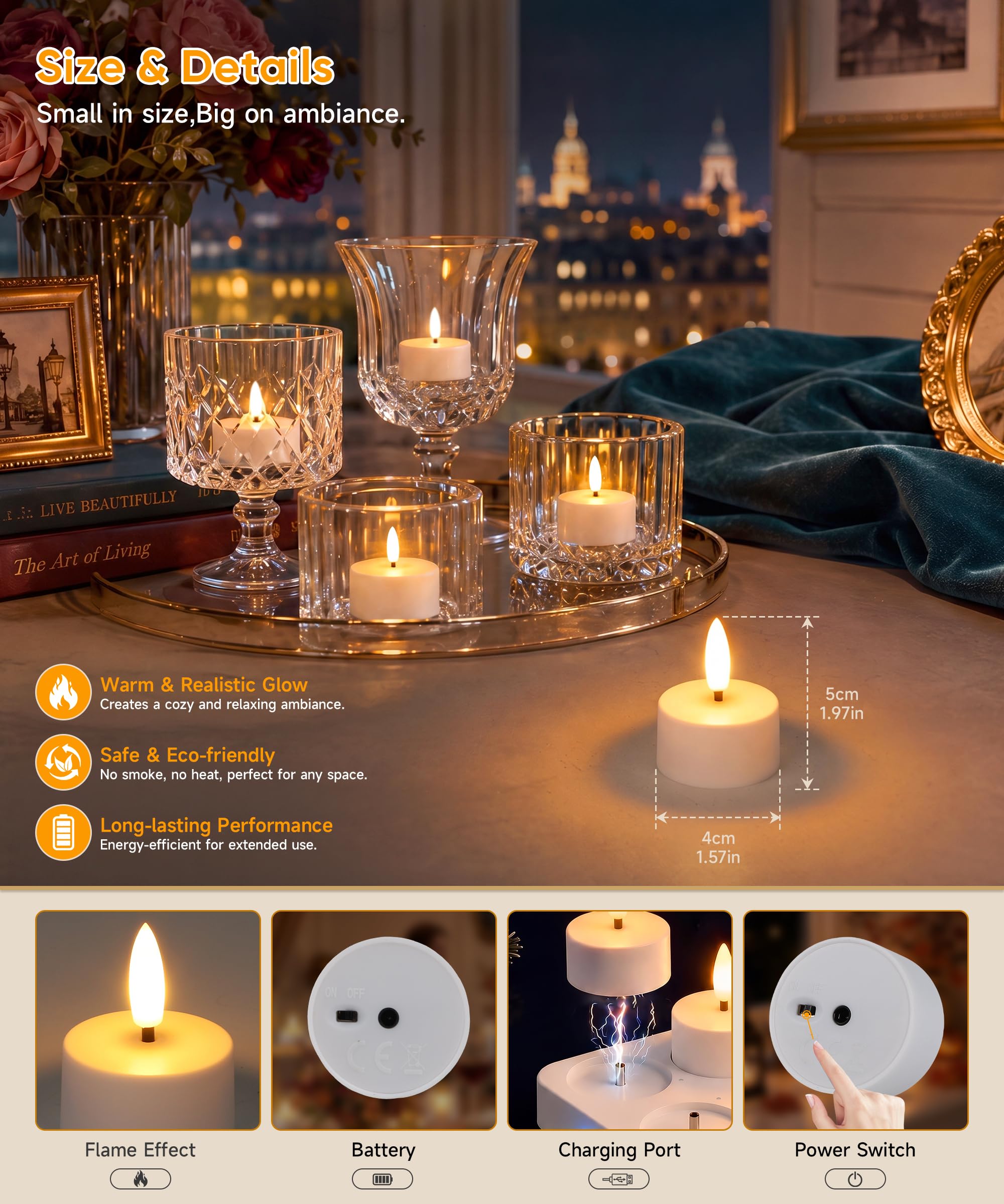 Velas de Té LED Recargables más de 50~110 Horas 12 Pz | Velas Decorativas Efecto Llama con Base de Carga, Decoracion Cumpleaños - Velas Sin Llama para Fiesta Hogar Salone Halloween