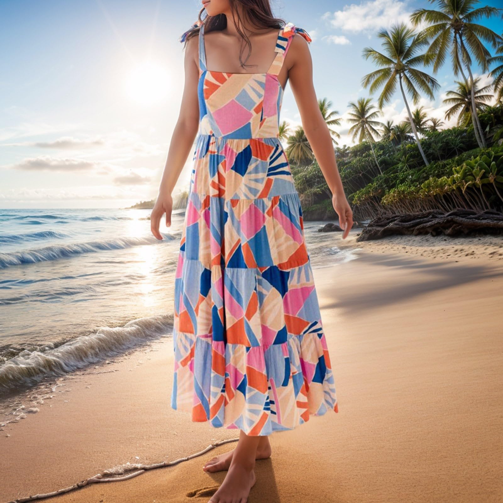 Robe Longue d'été bohème à Bretelles Spaghetti et col carré à Volants pour Femme - Version Grande