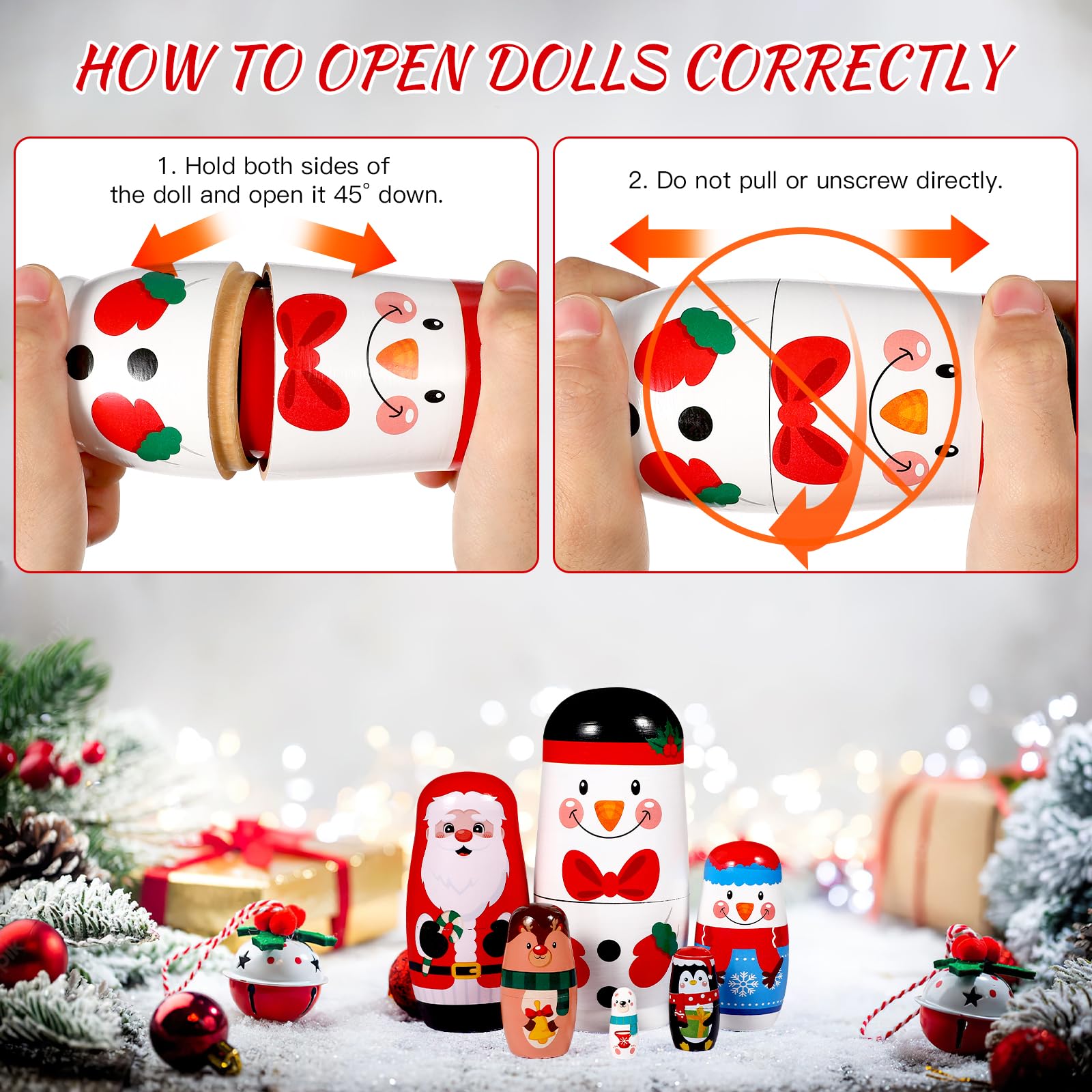 6 Pcs Noël Poupées Russes Poupées empilables en Bois Faites à la Main Poupées Russes gigognes Poupées Matryoshka Jouet pour la décoration de Noël Enfants Anniversaire Fête Cadeaux