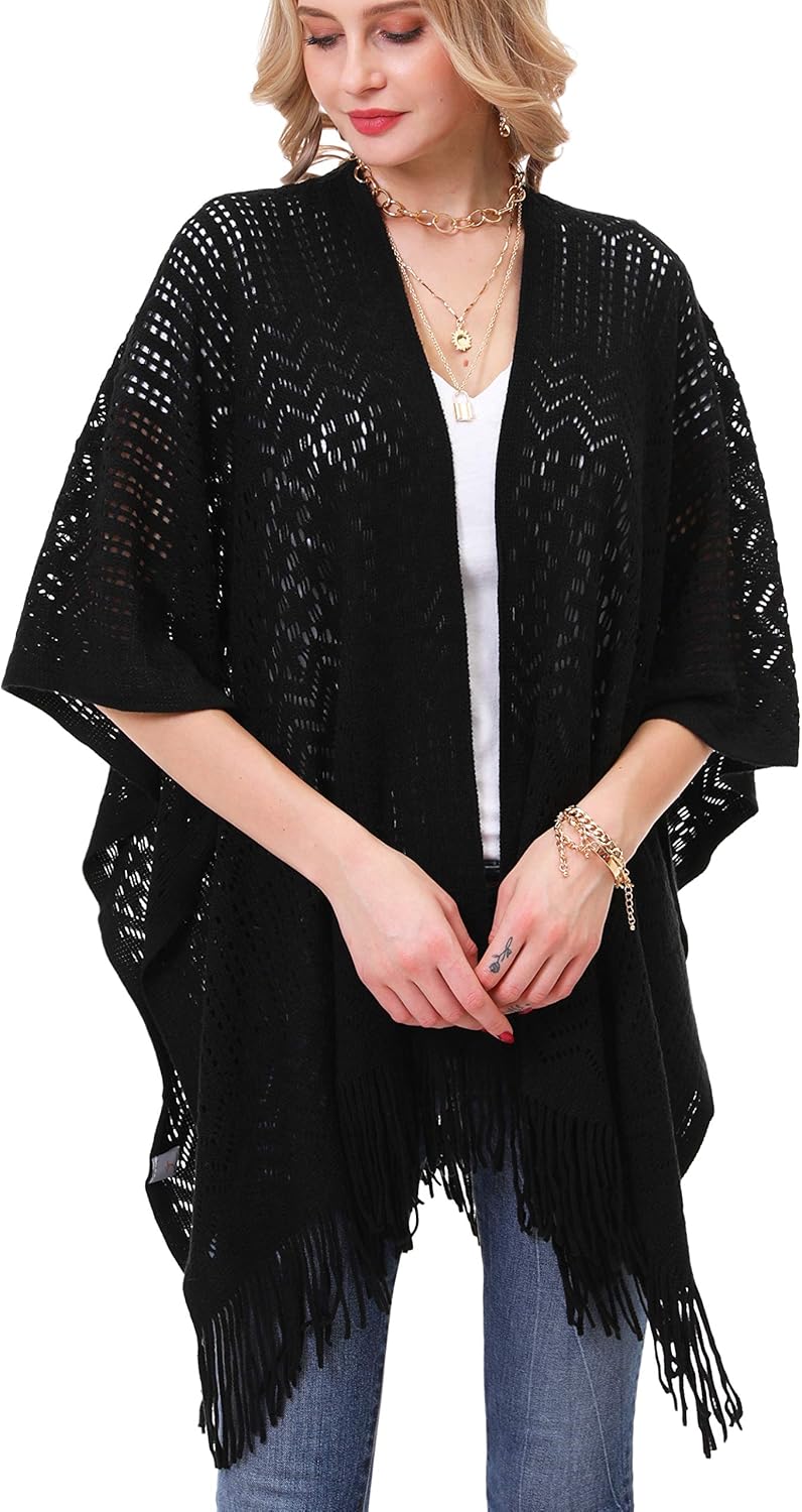 Knit Shawl Wrap for Women - Soul Young Ladies Fringe Knitted Poncho Cardigan Cape - Image 4