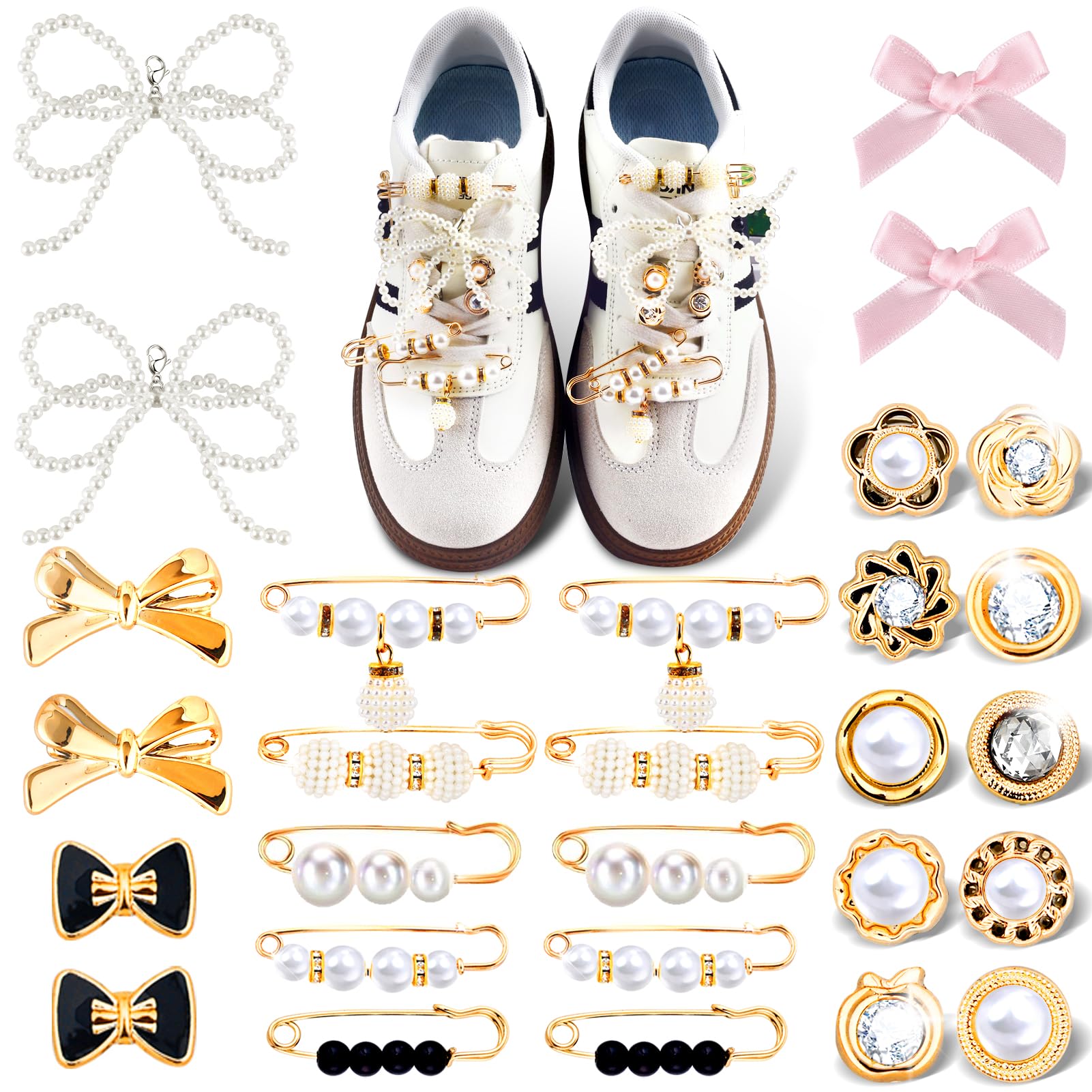 EYEOO 28Pcs Shoe Charms for Sneakers Shoelace DIY Golden Jewelry Charm for Women Metal Shoes Socks Brooch Button Pins Decoration Cute Rhinestone Pearl