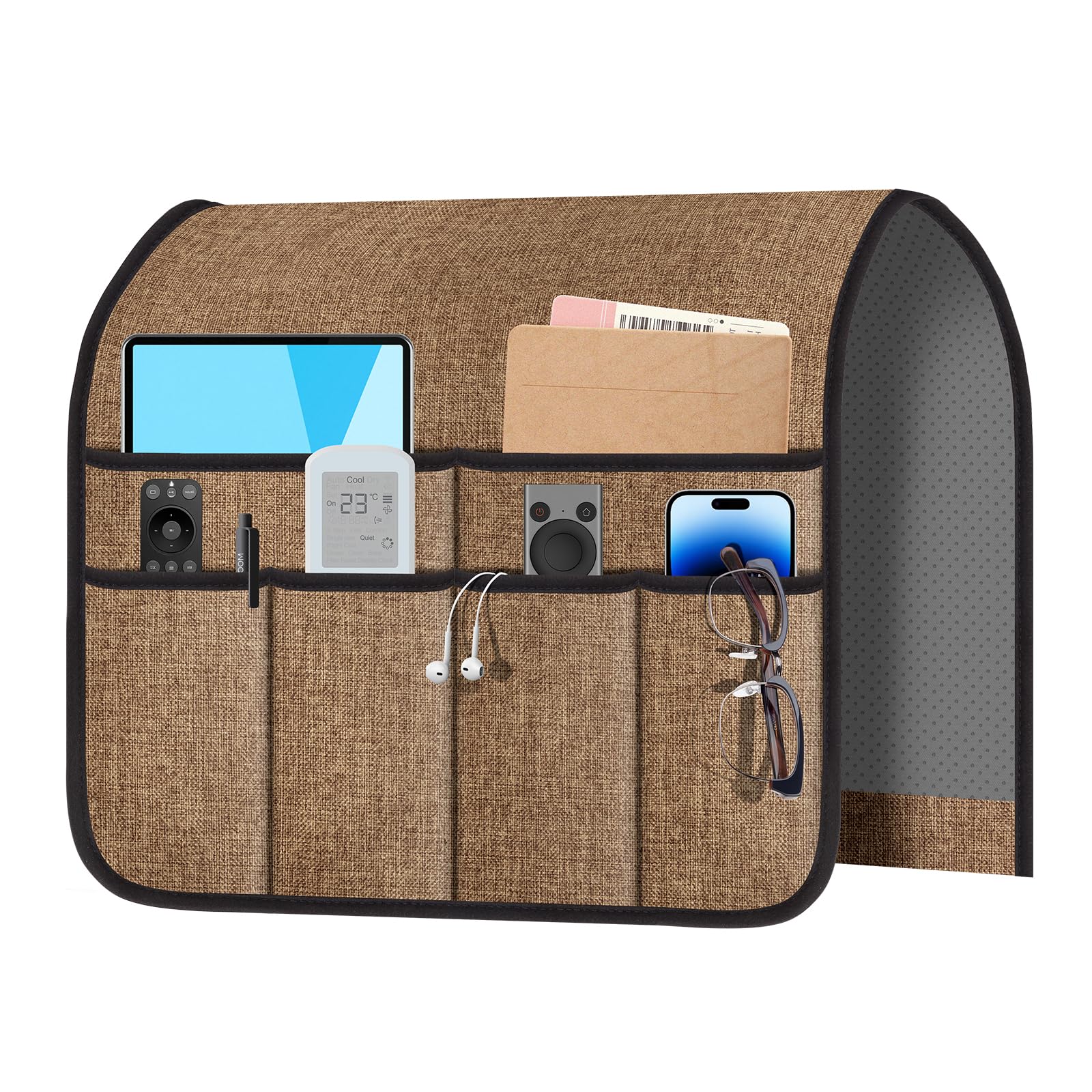 Meeall Armchair Caddy & Remote Control Holder for Couch & Recliner | Non-Slip Armrest Organizer with 6 Pockets for TV Remote, Phone, Tablet, Magazine & More, Chocolate