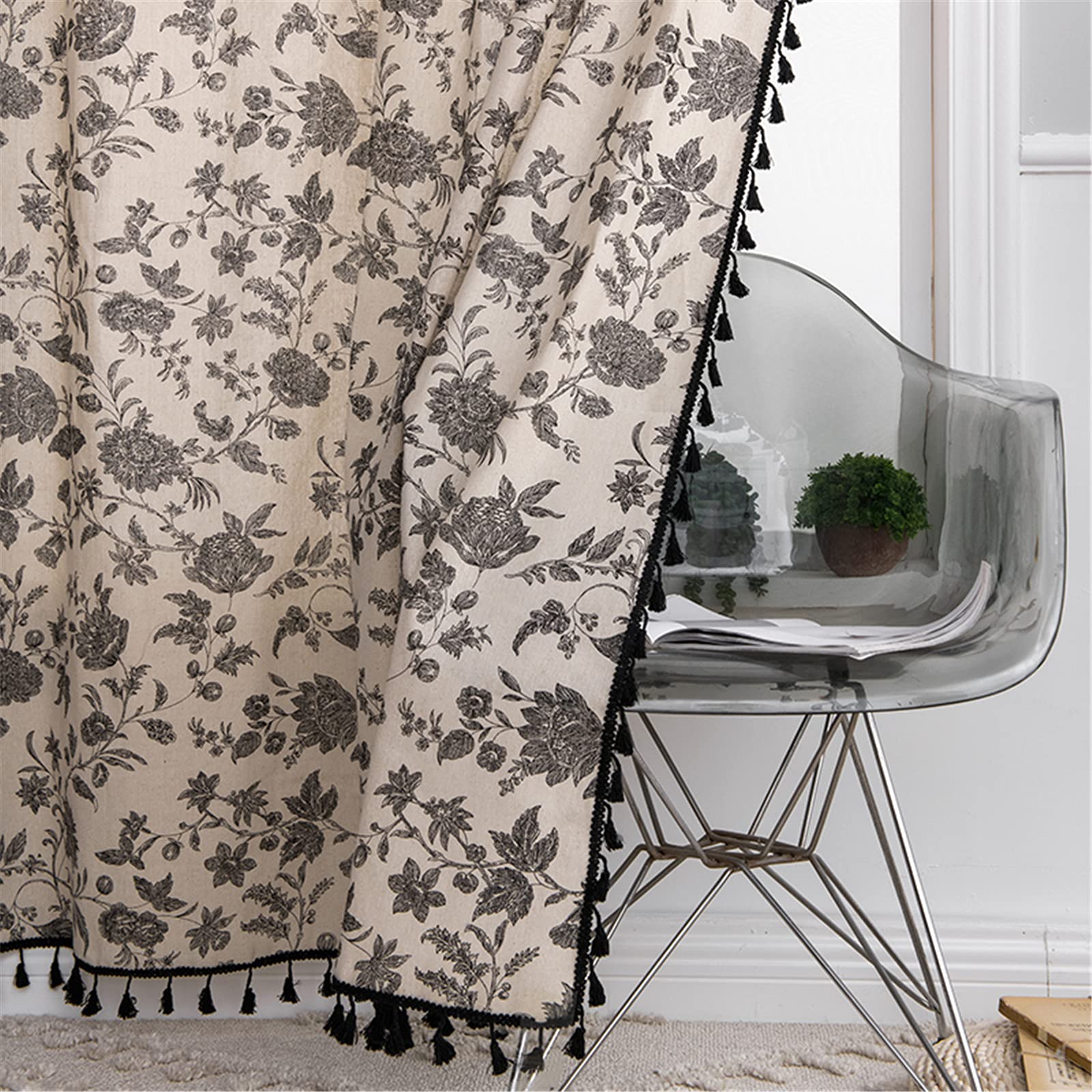 とめて Deeprove Boho Curtain 63 Inches Long， White Cream Cotton Linen