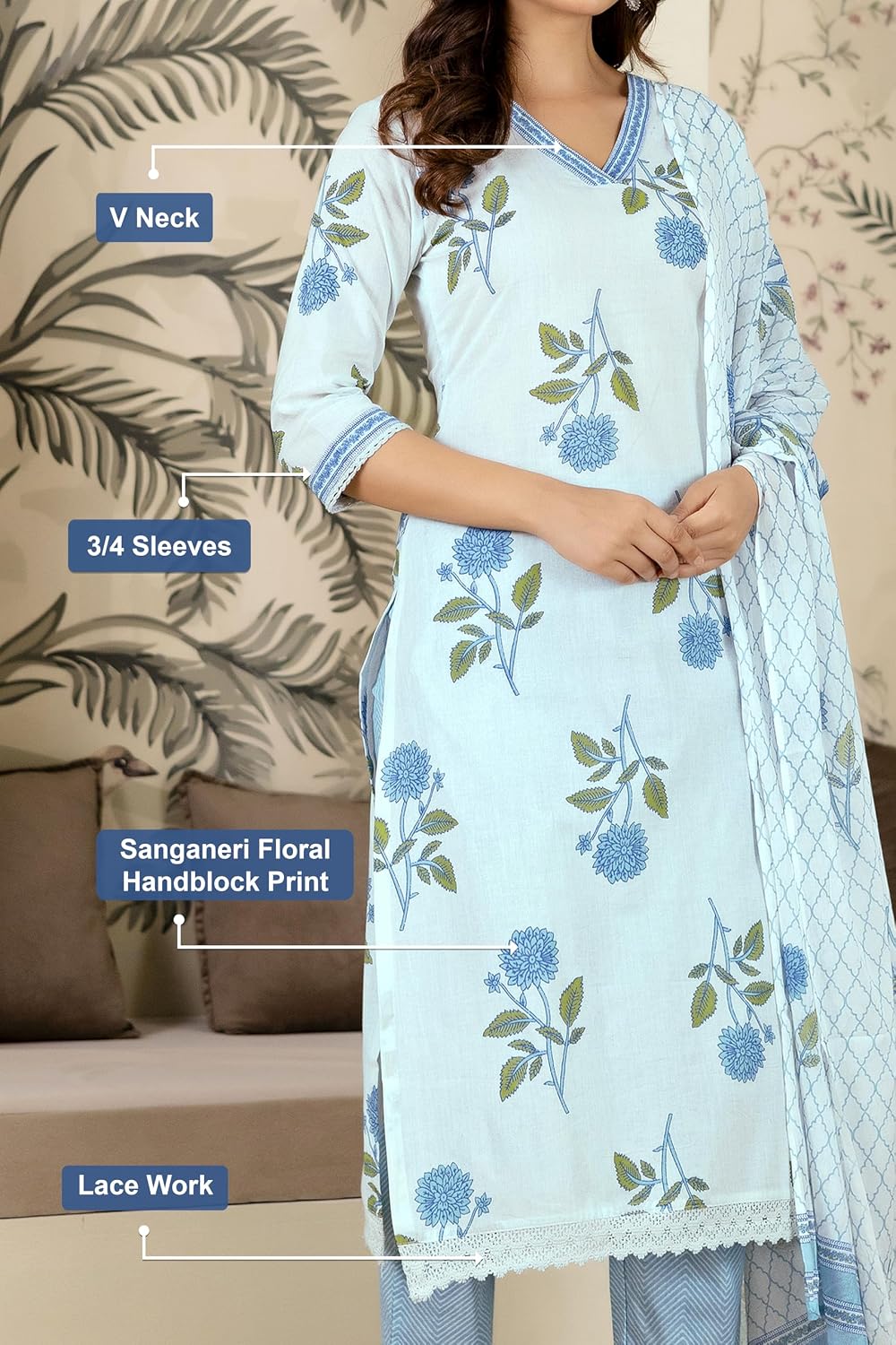 TRENDMALLS Women’s White Pure Cotton Sanganeri Floral Handblock Print Kurta Pant with Dupatta Set- Sky Blue
